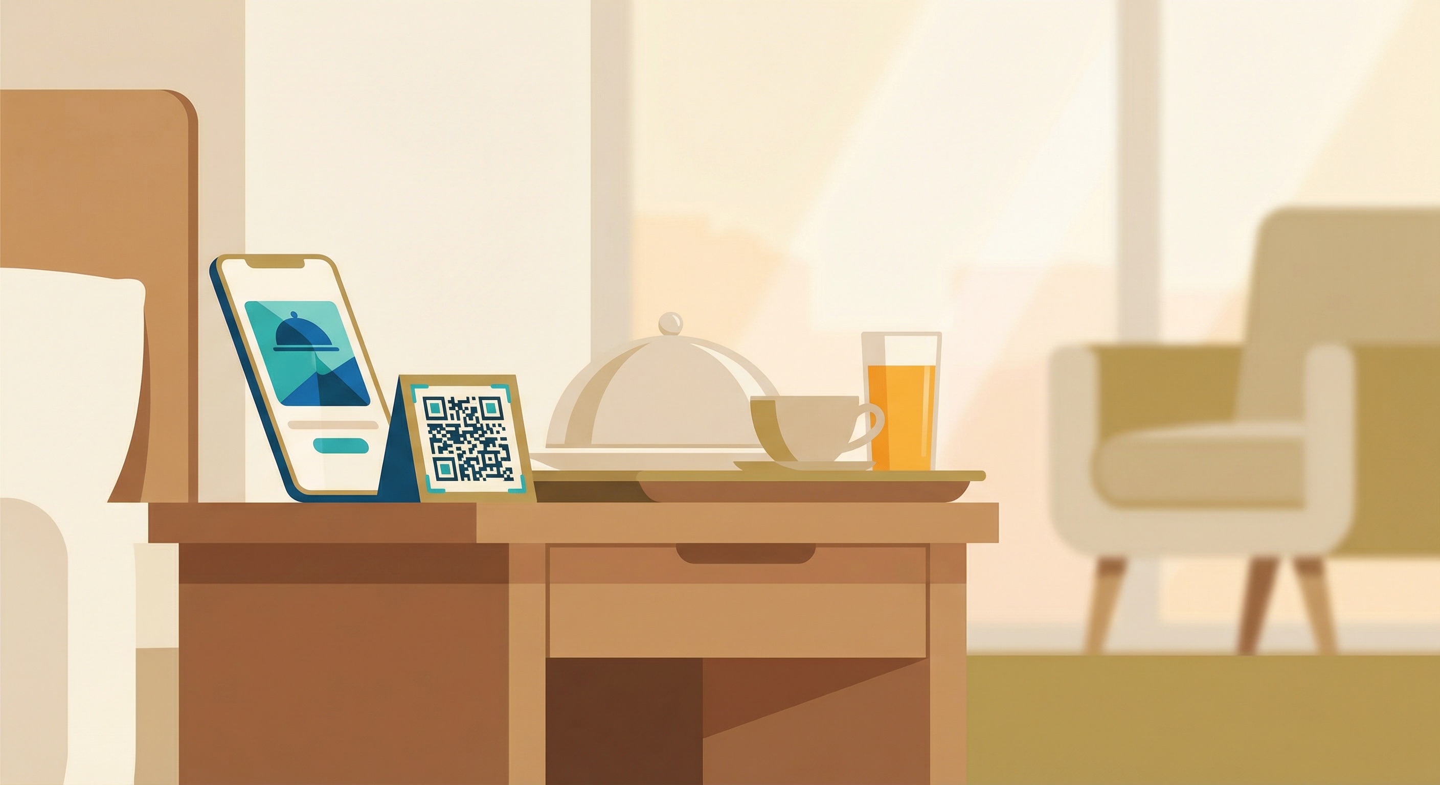 Hotel room service digital menu accessed via QR code scan on a bedside smartphone, showing a cloche tray and breakfast items beside a QR code stand