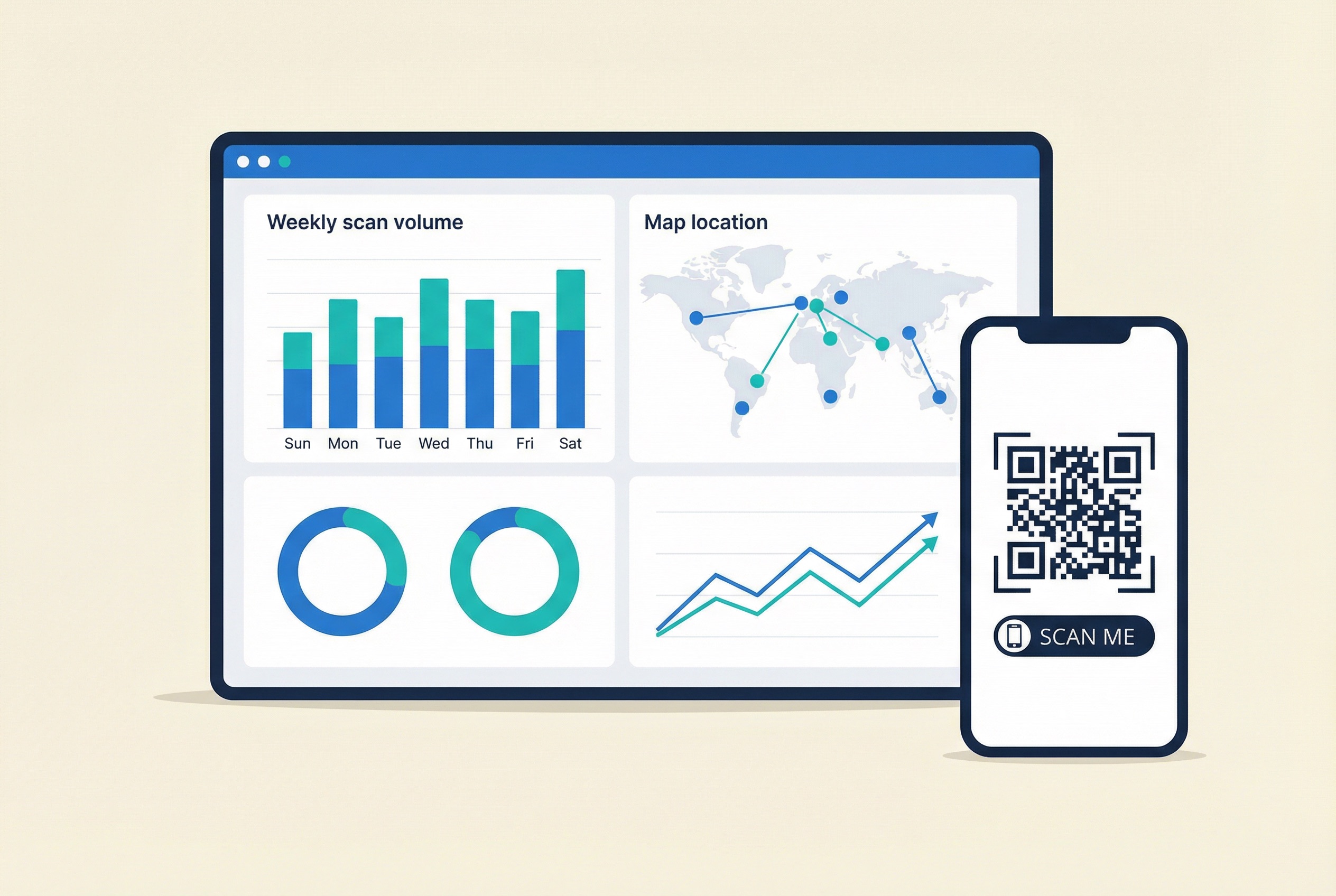 Supercode analytics dashboard showing weekly QR code scan volume and location data for a restaurant campaign
