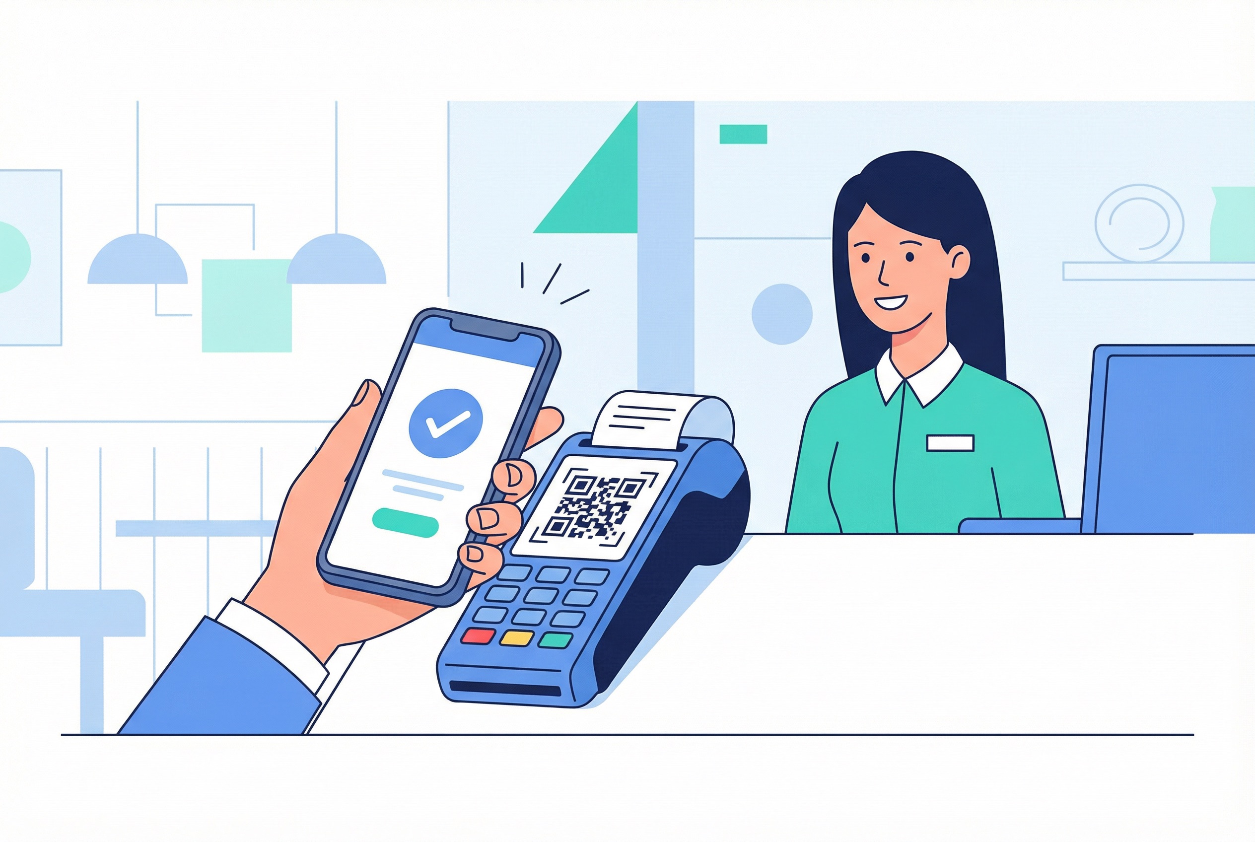 Restaurant customer scanning a QR code on a payment terminal for fast contactless payment