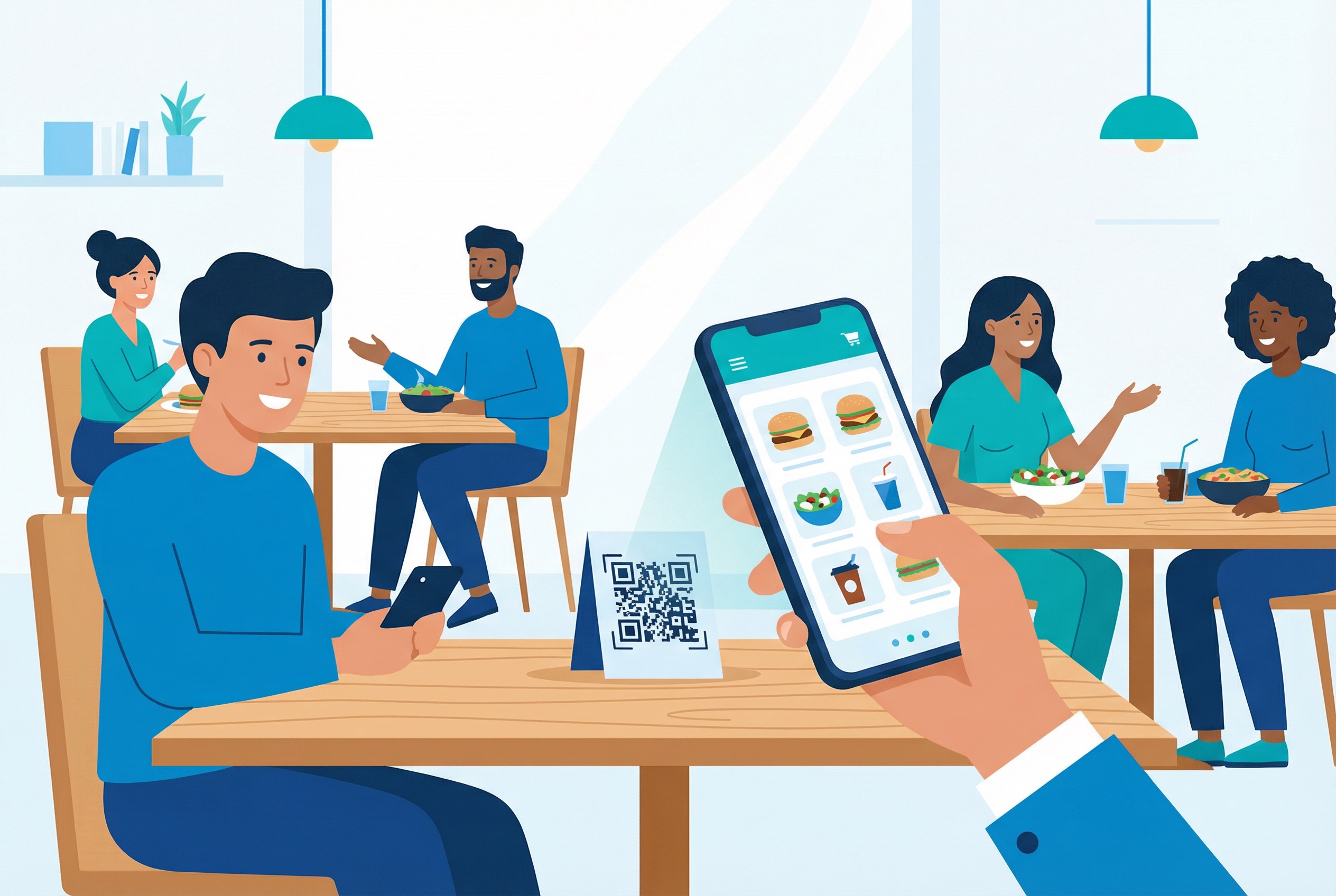 Diner in a busy restaurant scanning a QR code table stand to access a digital menu on their smartphone