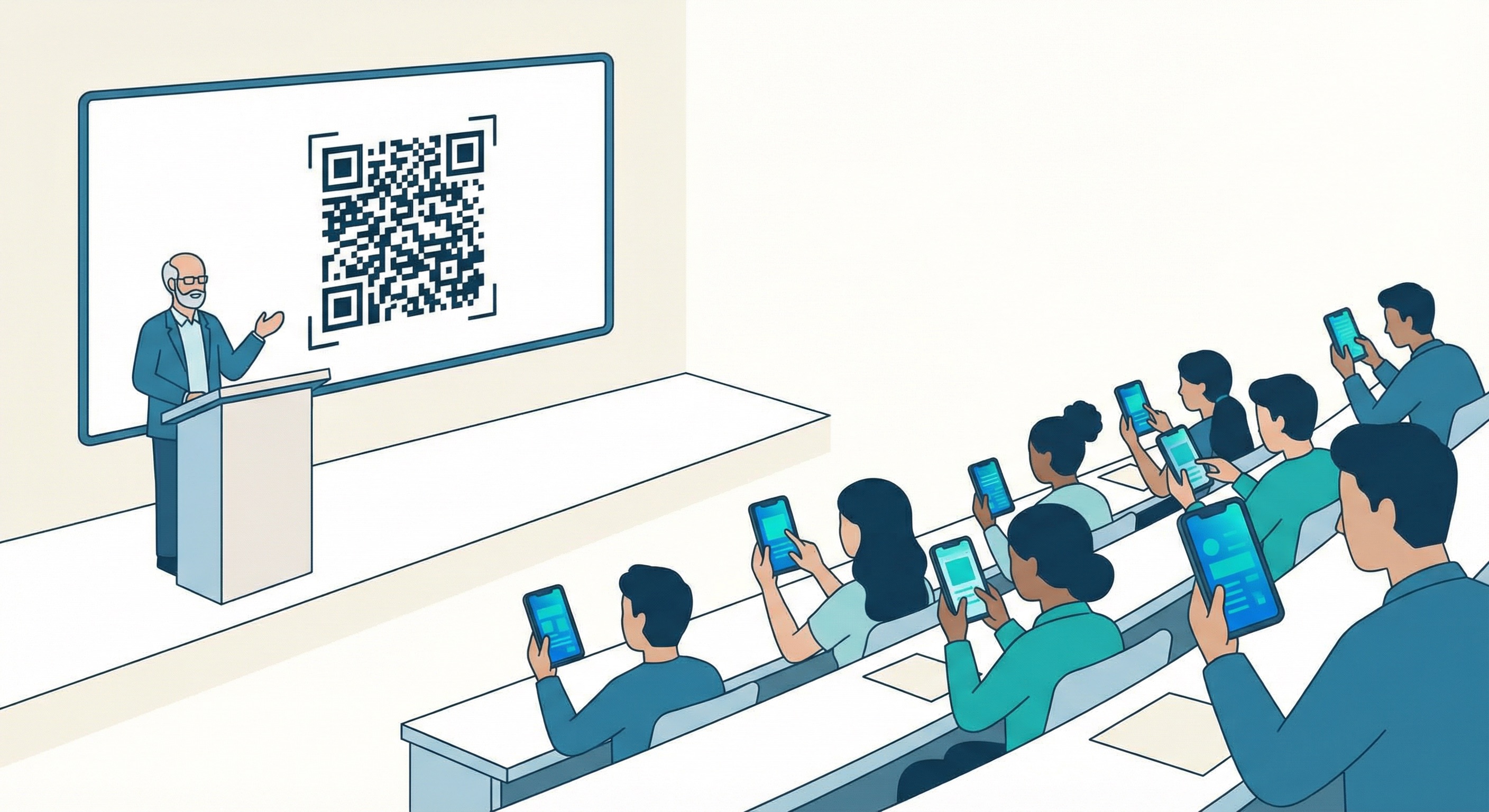 Professor displaying a QR code on a lecture theatre screen while students in tiered seating scan the code with their smartphones to access course materials