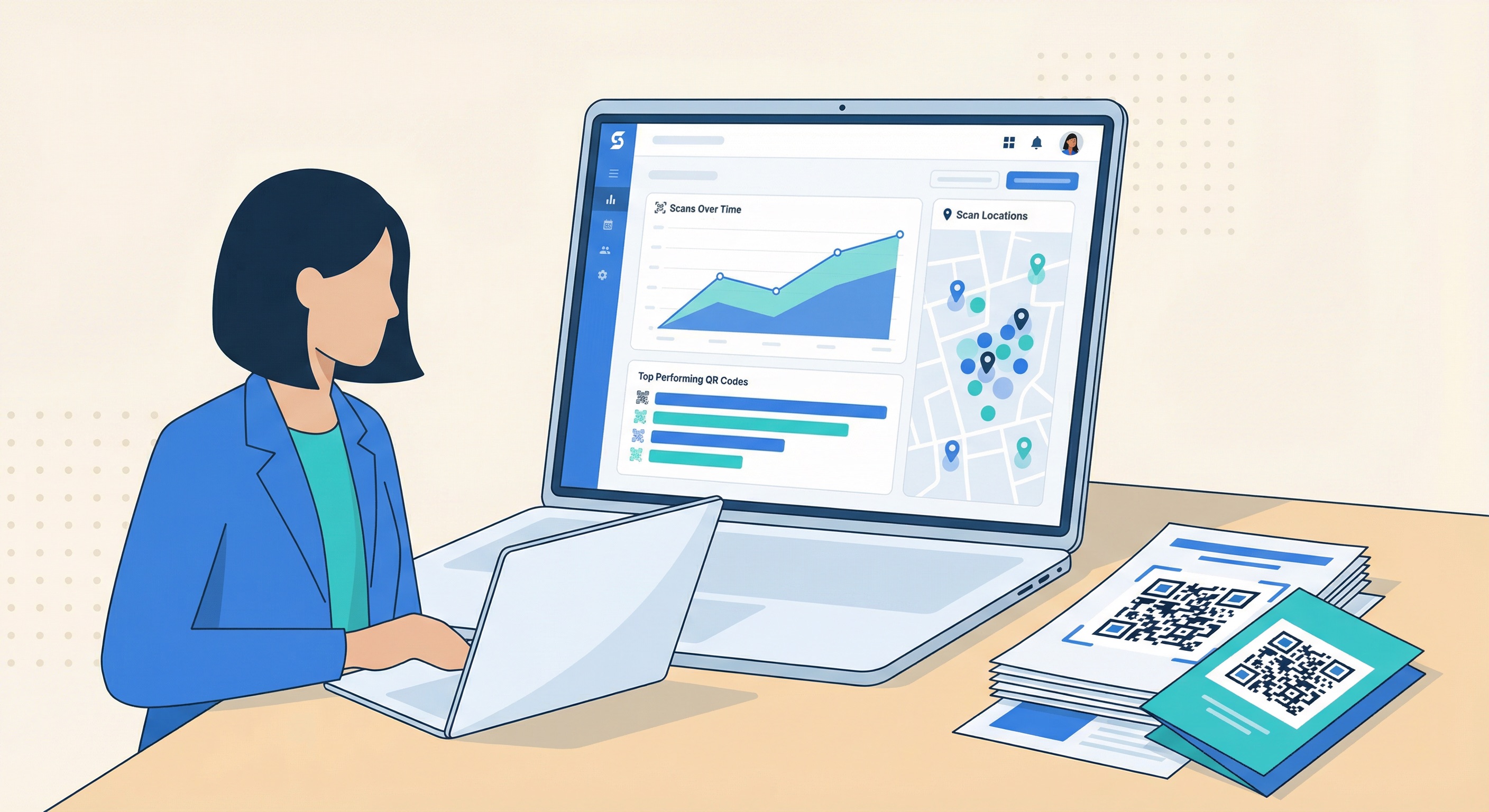 Educator reviewing Supercode QR code analytics dashboard on a laptop, showing scan data charts and a scan location map alongside printed campus materials with QR codes