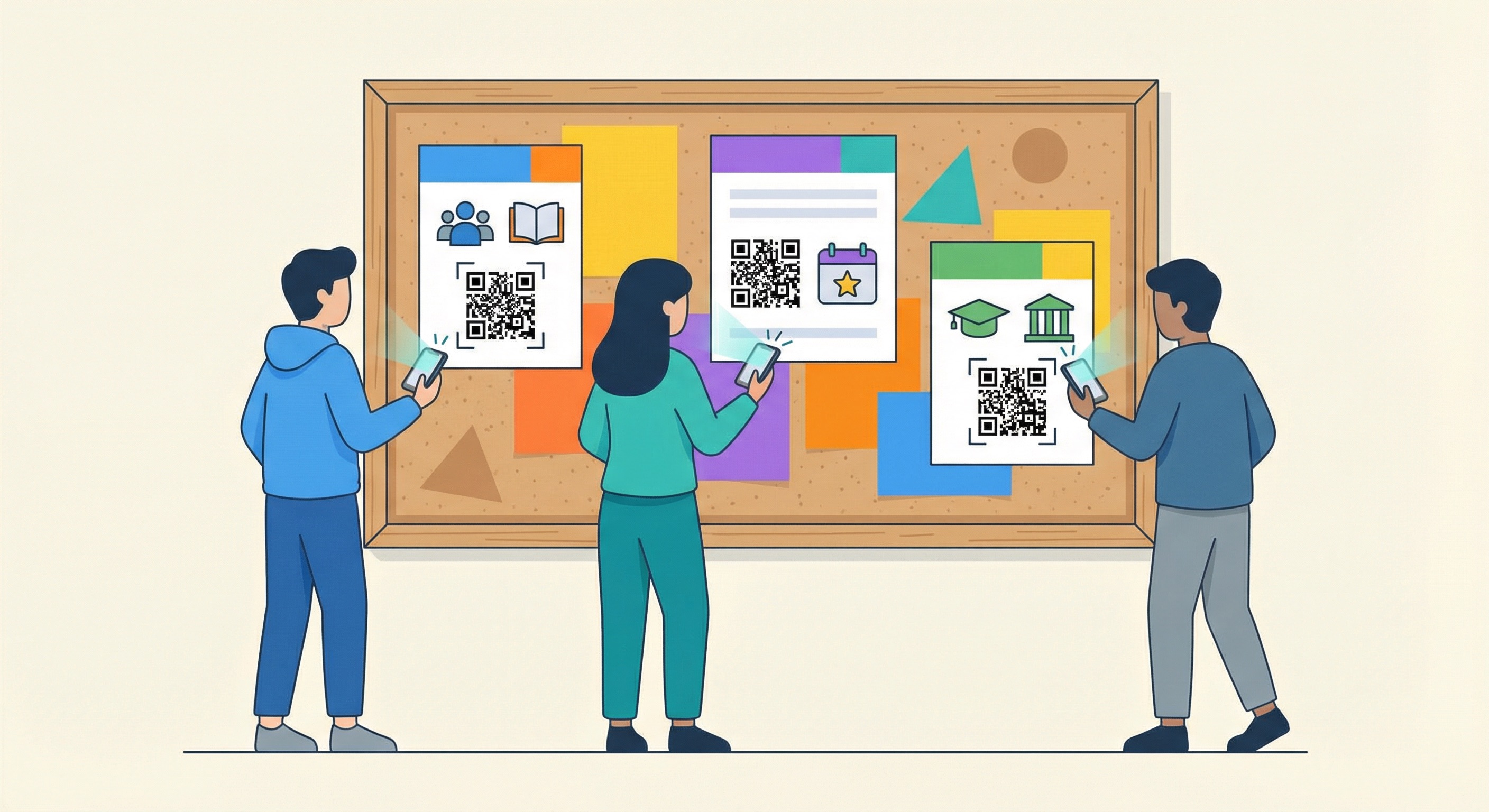 University students scanning QR codes on a campus bulletin board with event and course material posters, using their smartphones