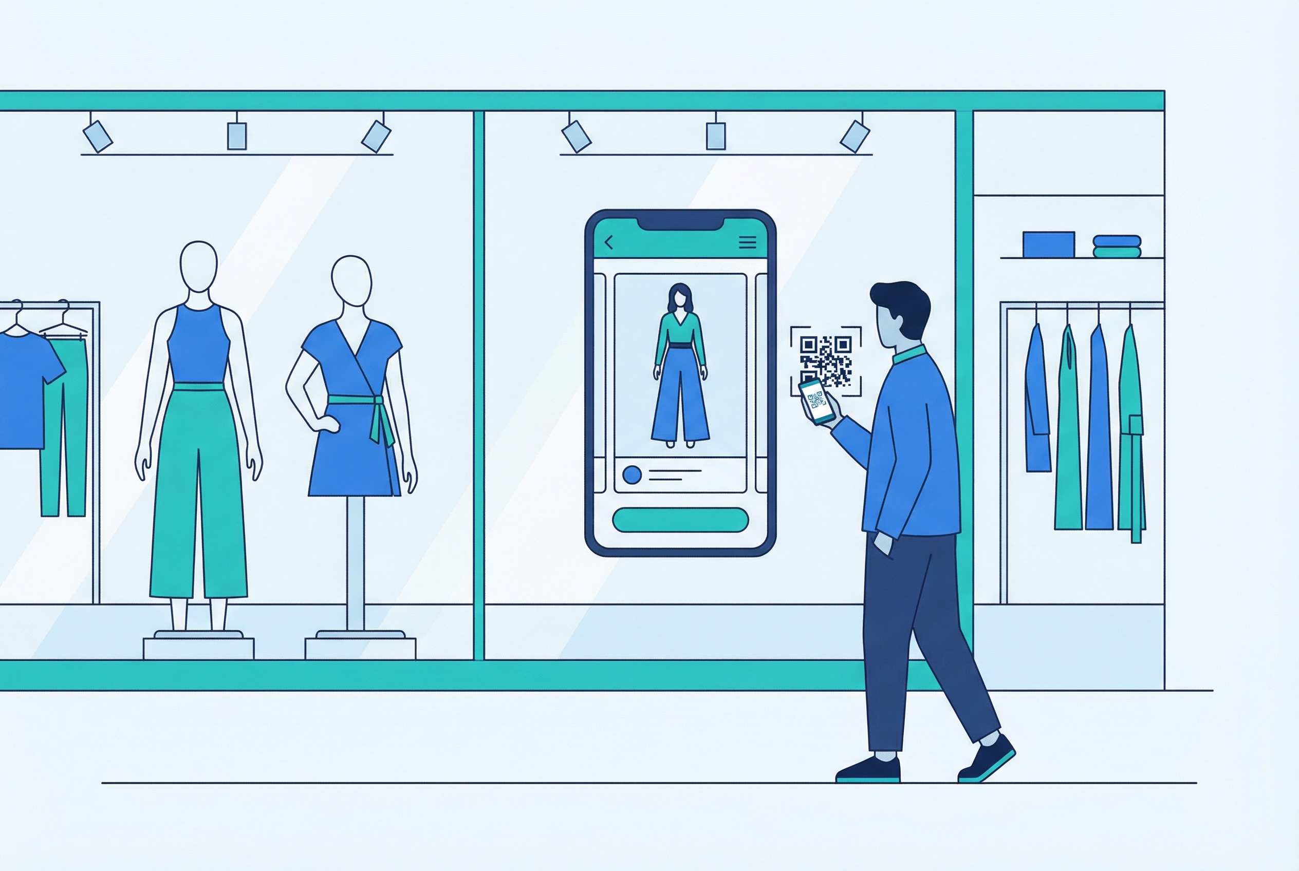 Person scanning a QR code on a fashion boutique shop window with a smartphone, viewing a digital lookbook and outfit collection on screen
