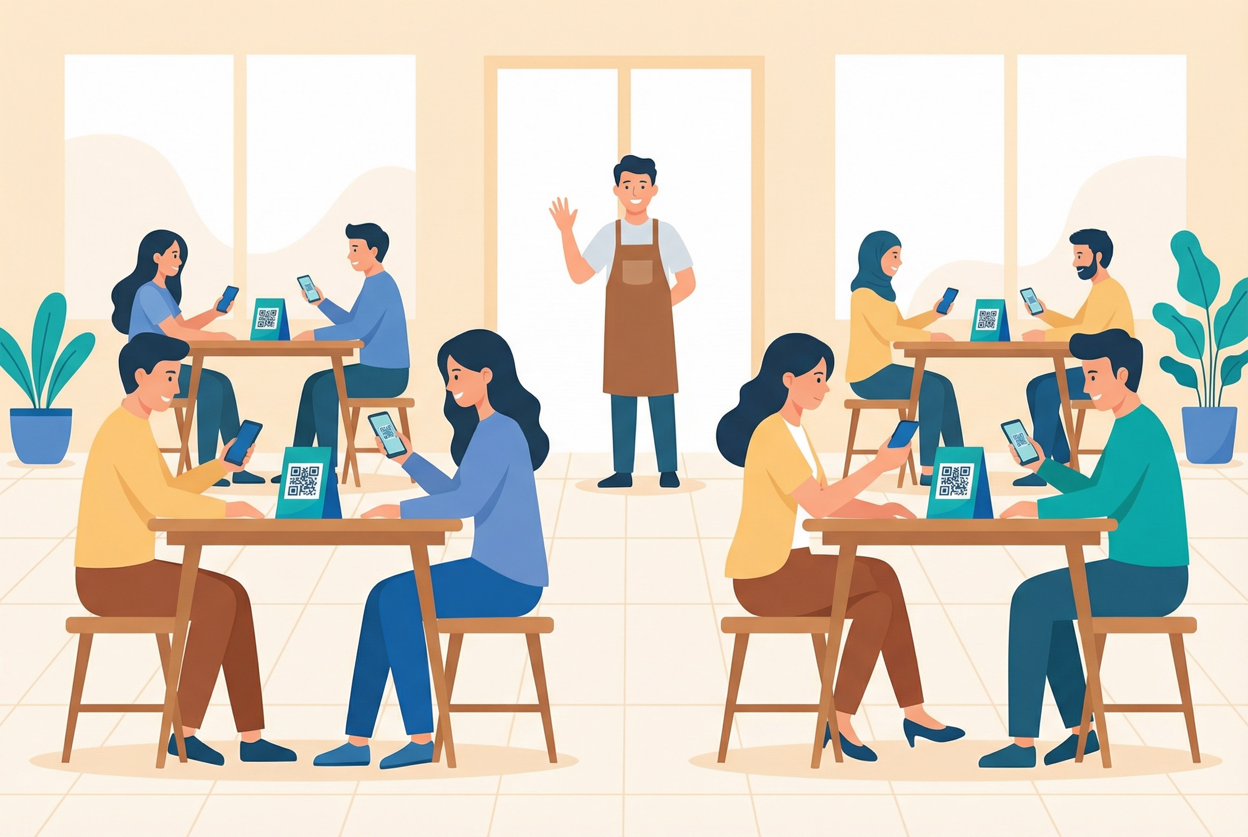 Multiple customers scanning QR code menus at café tables with a smiling server in the background, illustrating the contactless dining experience