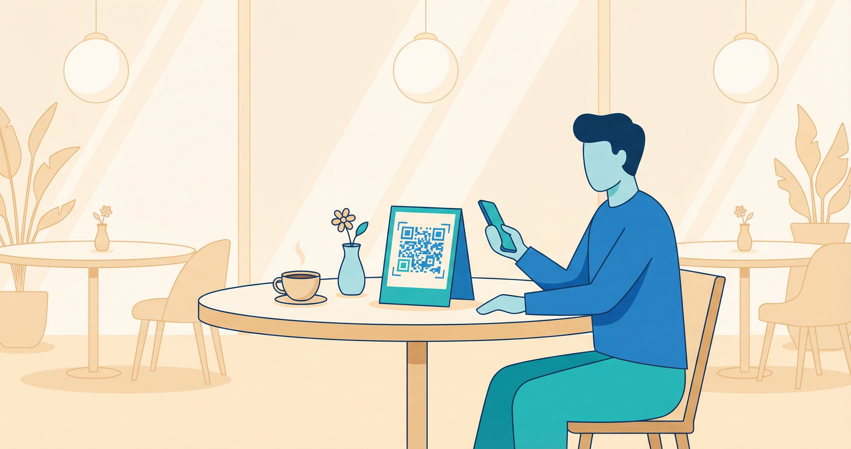A customer scanning a QR code menu table tent at a restaurant table using their smartphone
