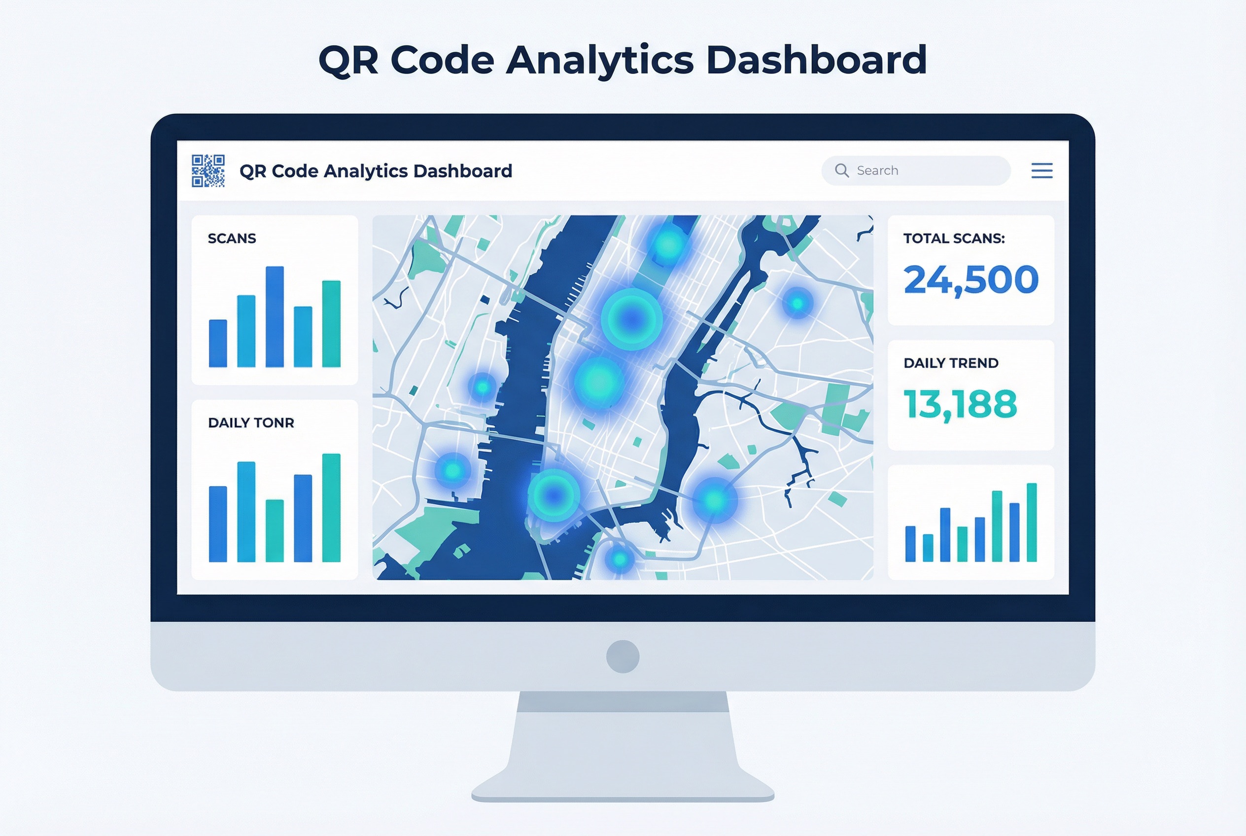 Supercode QR code analytics dashboard showing a city map with scan data heatmap and performance charts for a city tour QR code campaign