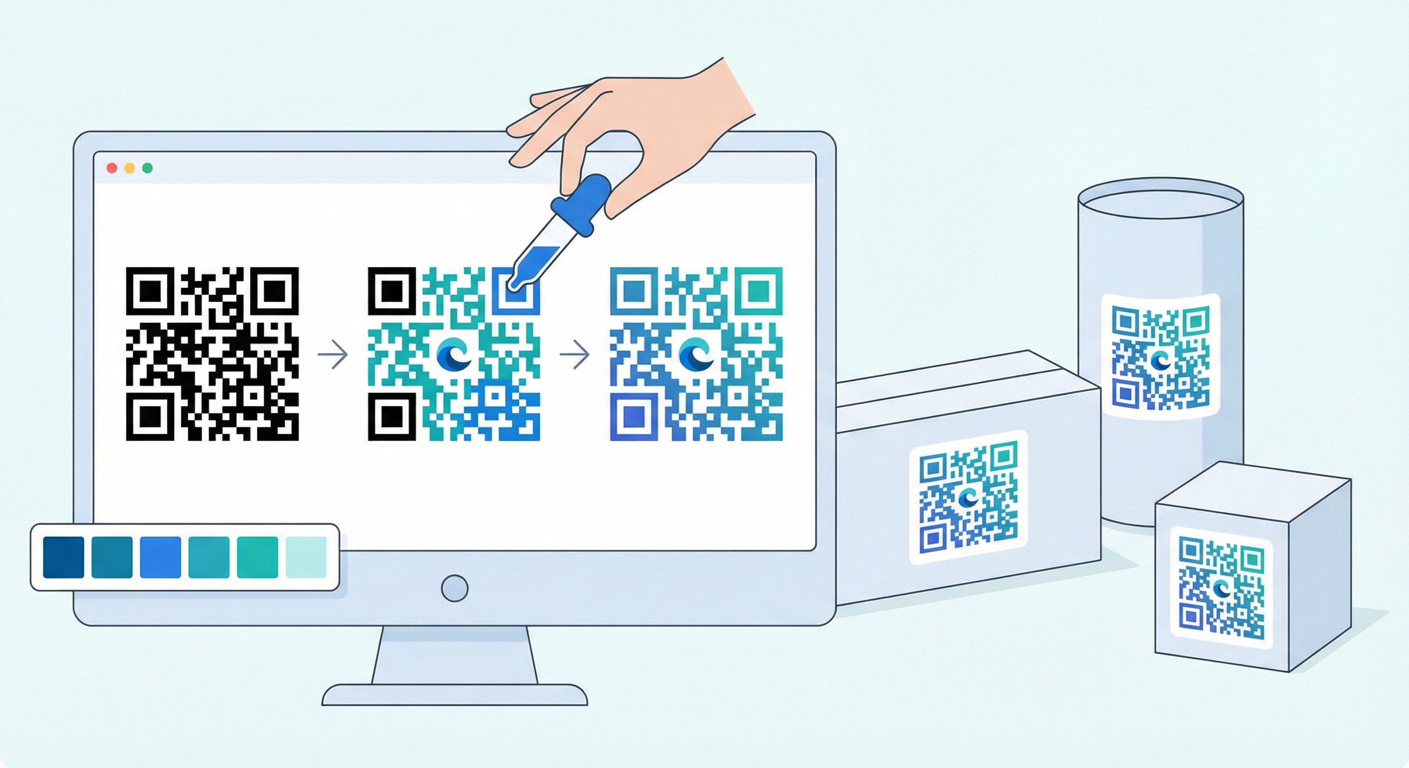 Step-by-step view of creating a custom-designed QR code for product packaging in Supercode, showing brand colour customisation and analytics tracking
