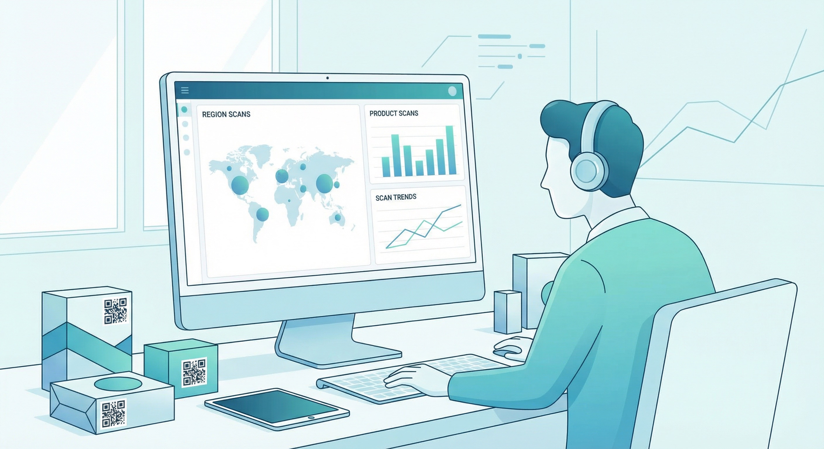 Brand manager creating and managing product packaging QR codes in the Supercode dashboard, with analytics showing scan data by region and product SKU