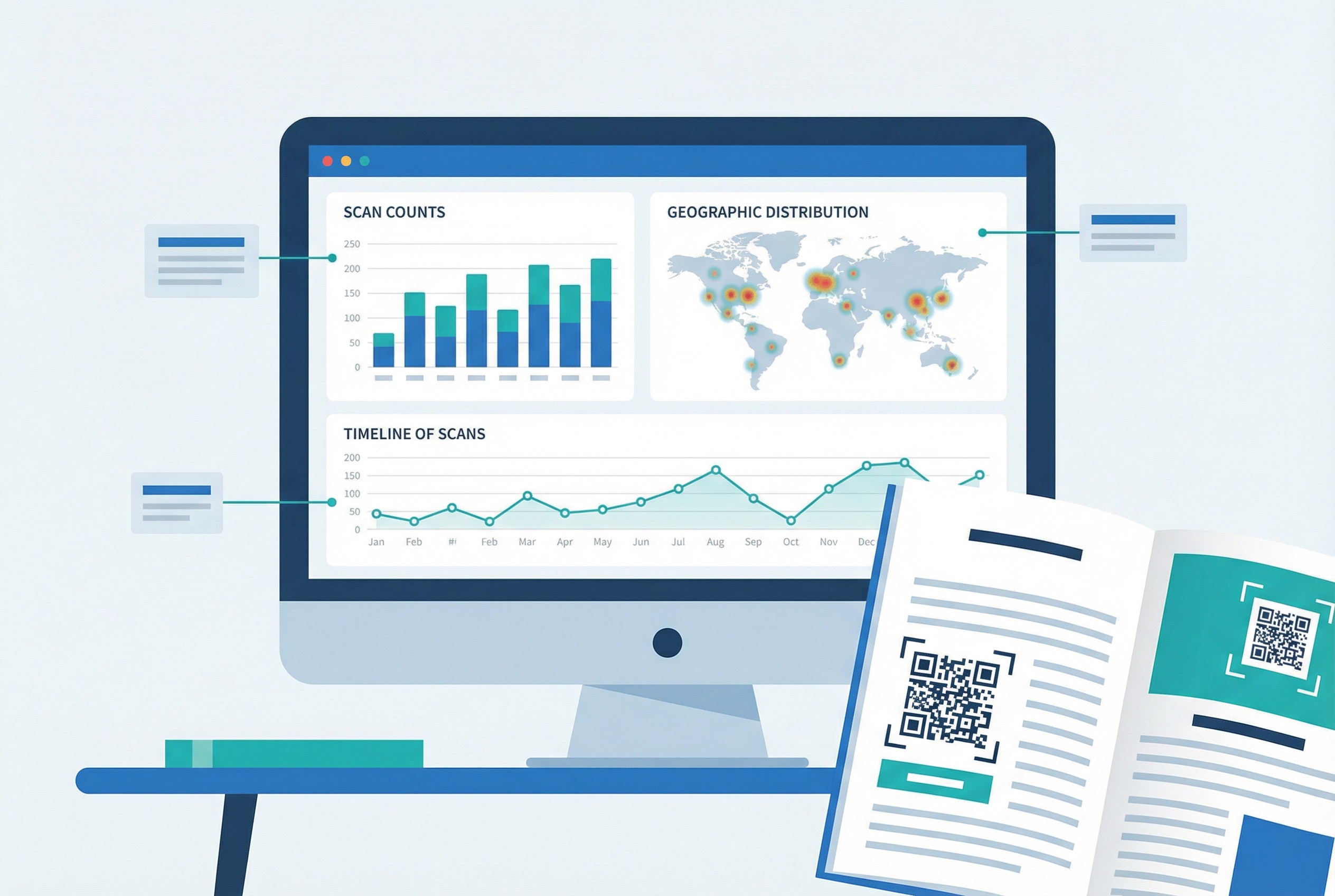 Marketing analytics dashboard on a computer screen showing QR code scan counts, geographic distribution map and scan timeline from a print magazine advertising campaign