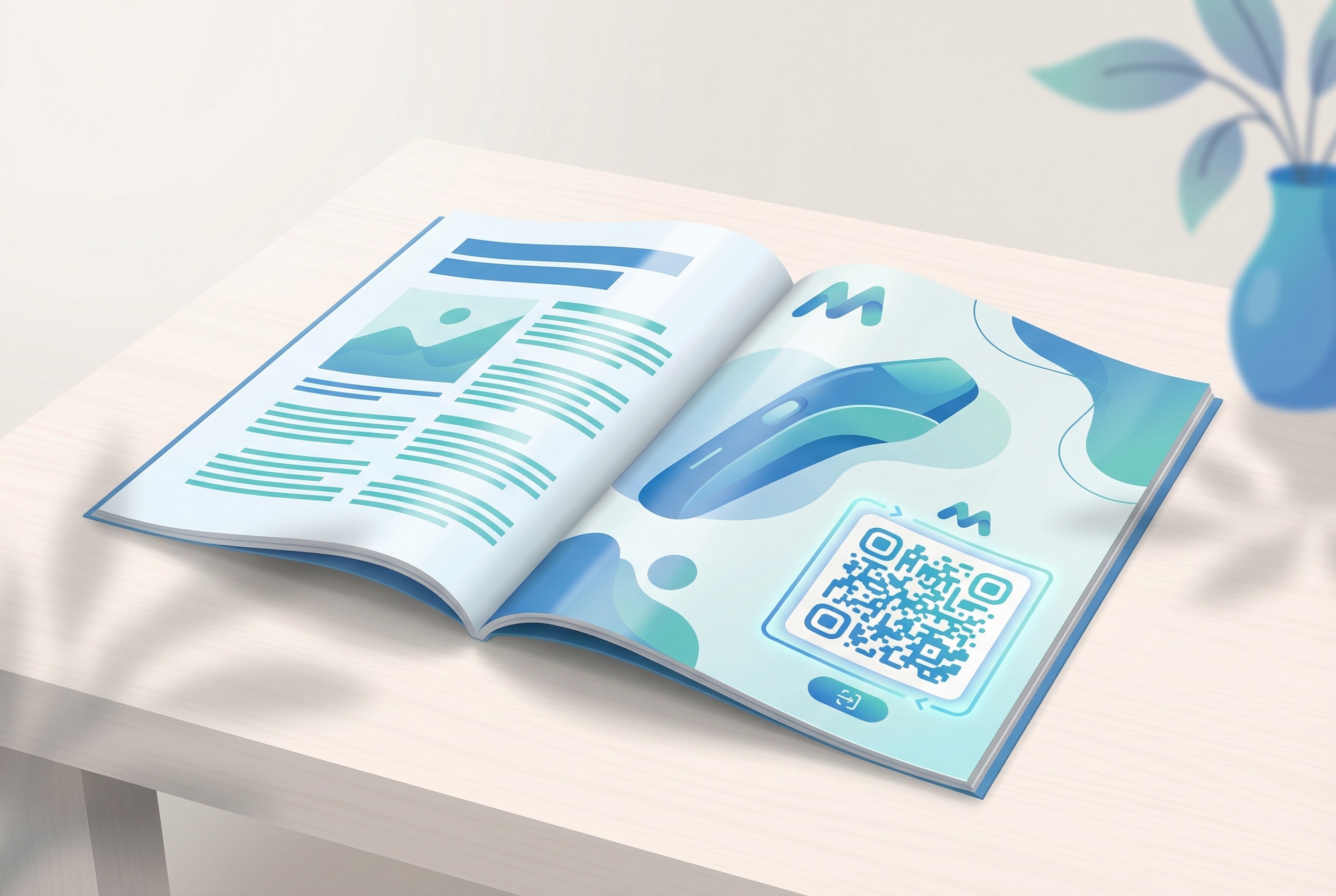 Open magazine on a table showing a branded QR code on a full-page product advertisement with a call-to-action frame, blue and teal design
