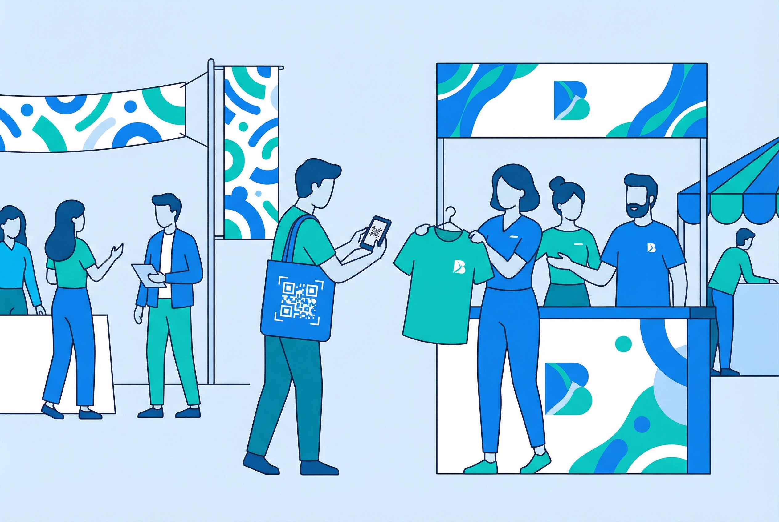 Festival attendees interacting with branded merchandise items featuring QR codes for giveaways and event promotions