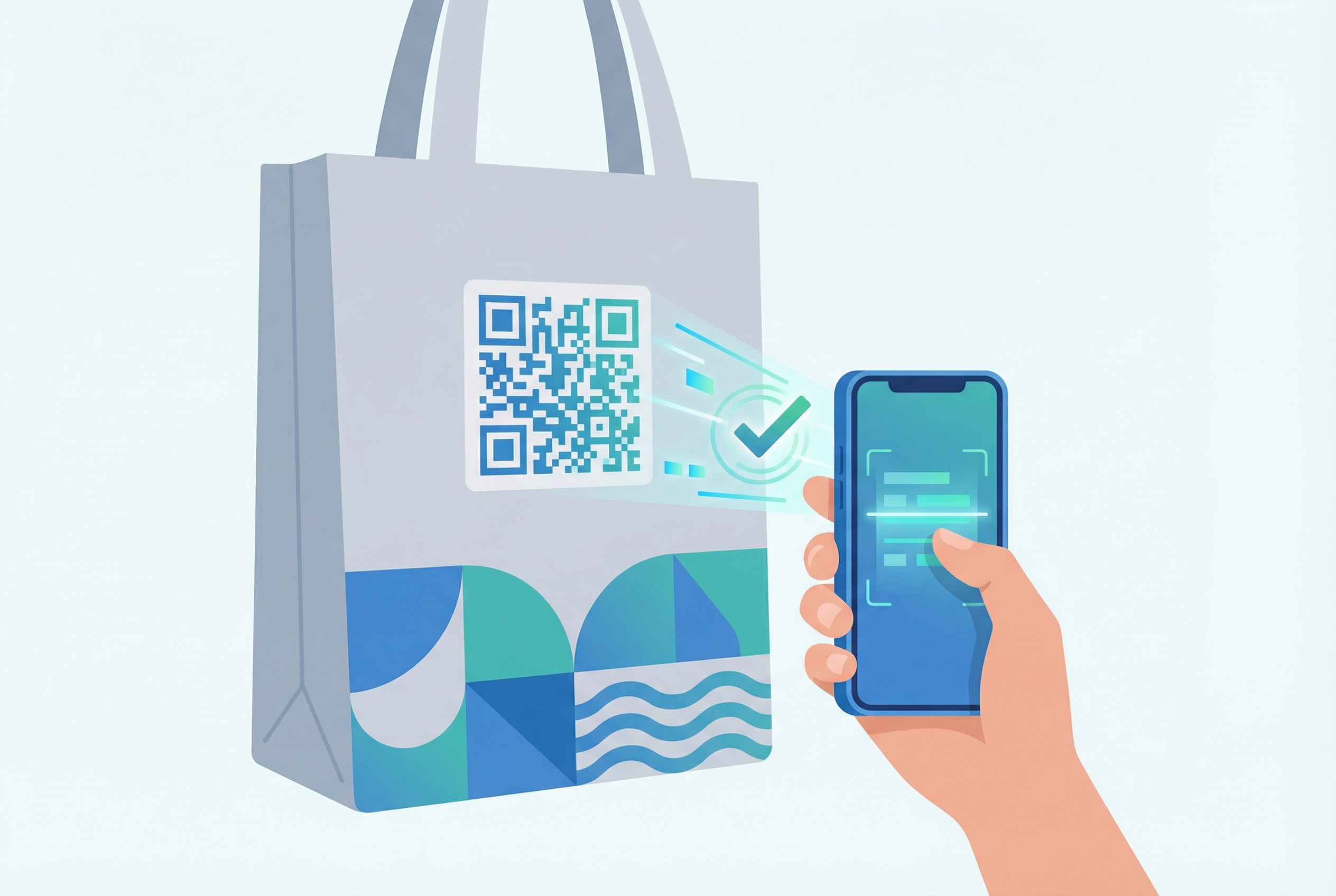 Closeup of branded promotional item with correctly sized QR code and clear call to action label next to a scanning smartphone