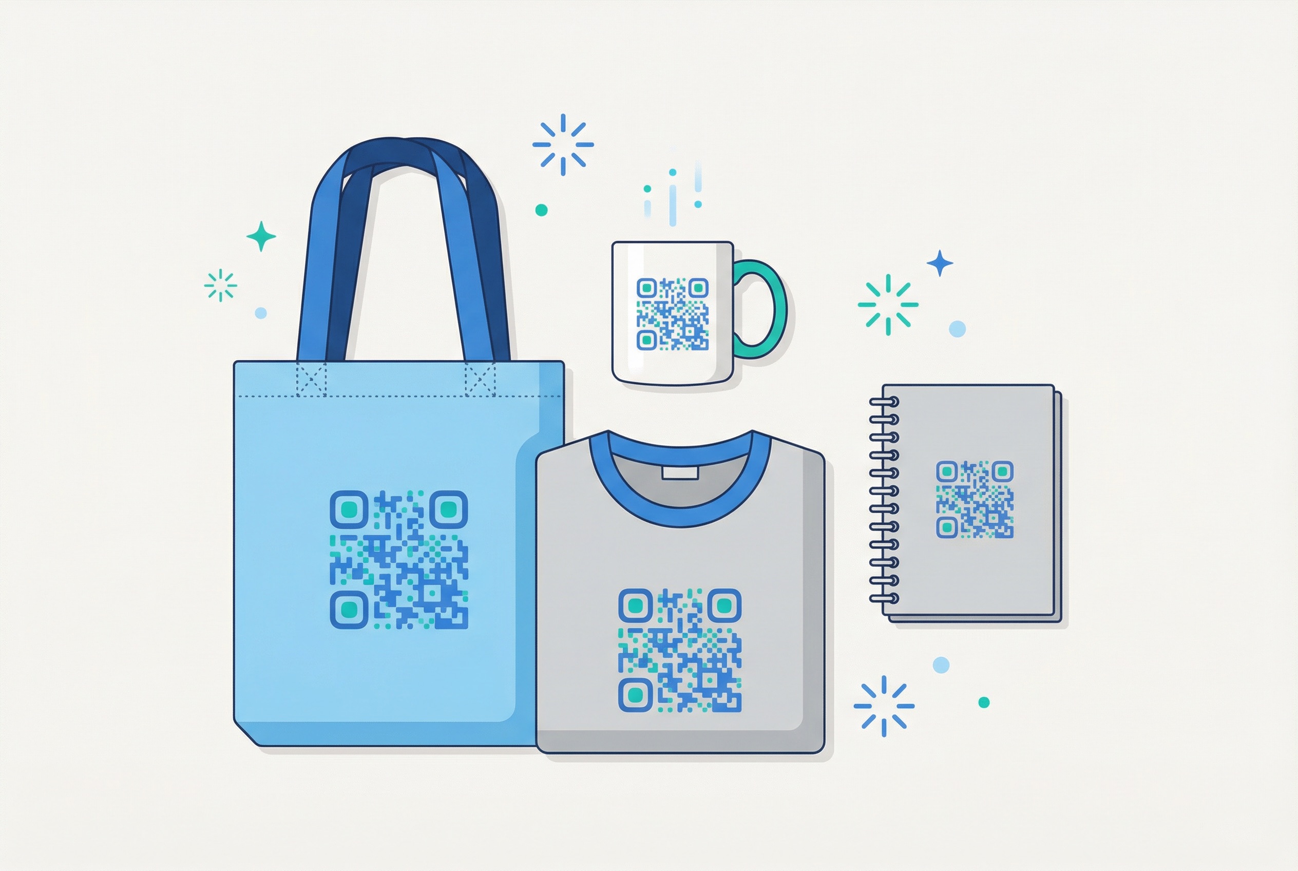 Flat illustration of branded merchandise including tote bag, coffee mug, and notebook each displaying a QR code in blue and teal