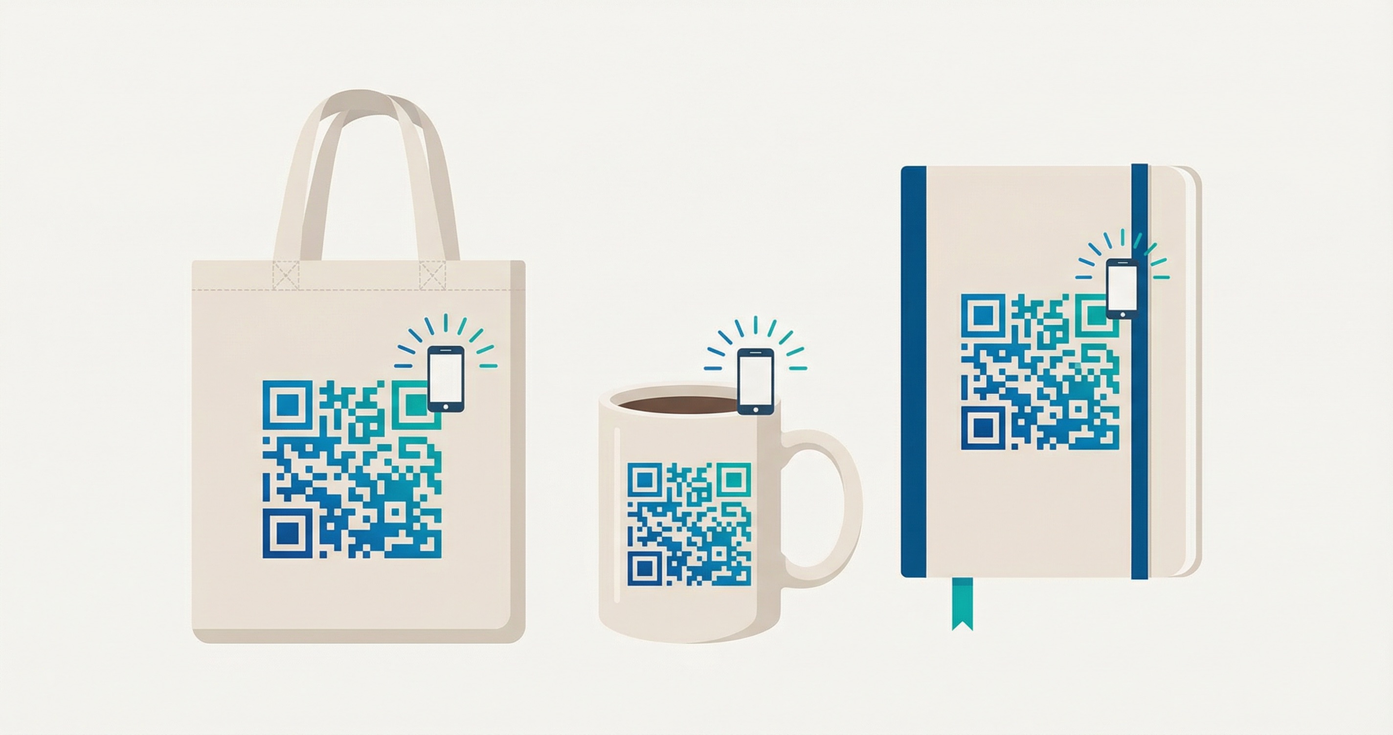 Branded merchandise including tote bags and notebooks displaying QR codes for interactive marketing campaigns