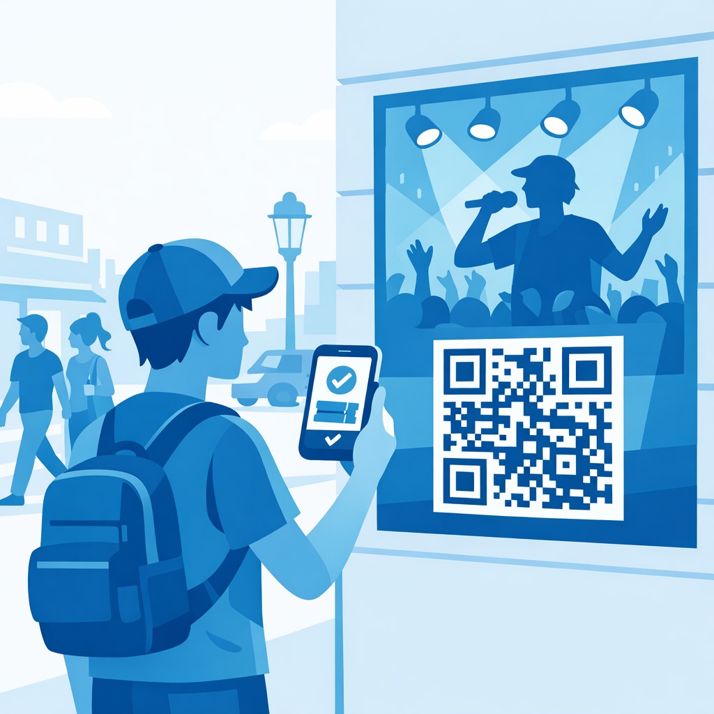 Person on a city street scanning a QR code on a large event poster with their smartphone, which opens a ticket booking page