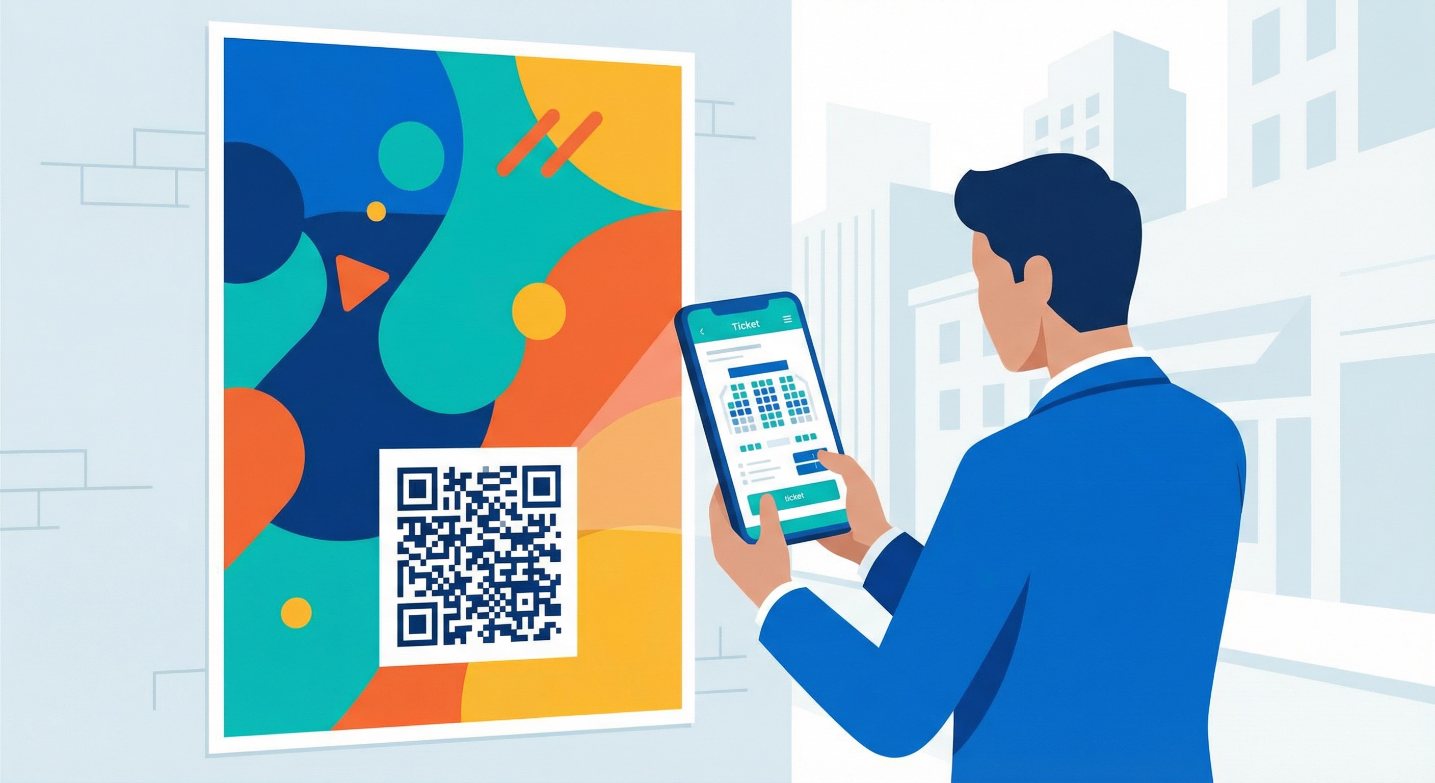 Event poster displayed on a city street with a large QR code being scanned by a passerby on their smartphone to access ticket booking