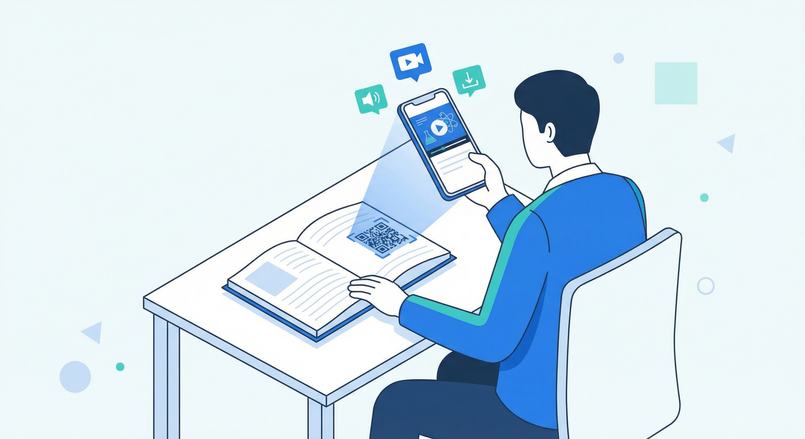 Student at a desk scanning a QR code in an open textbook with a smartphone to access supplementary video content and learning resources