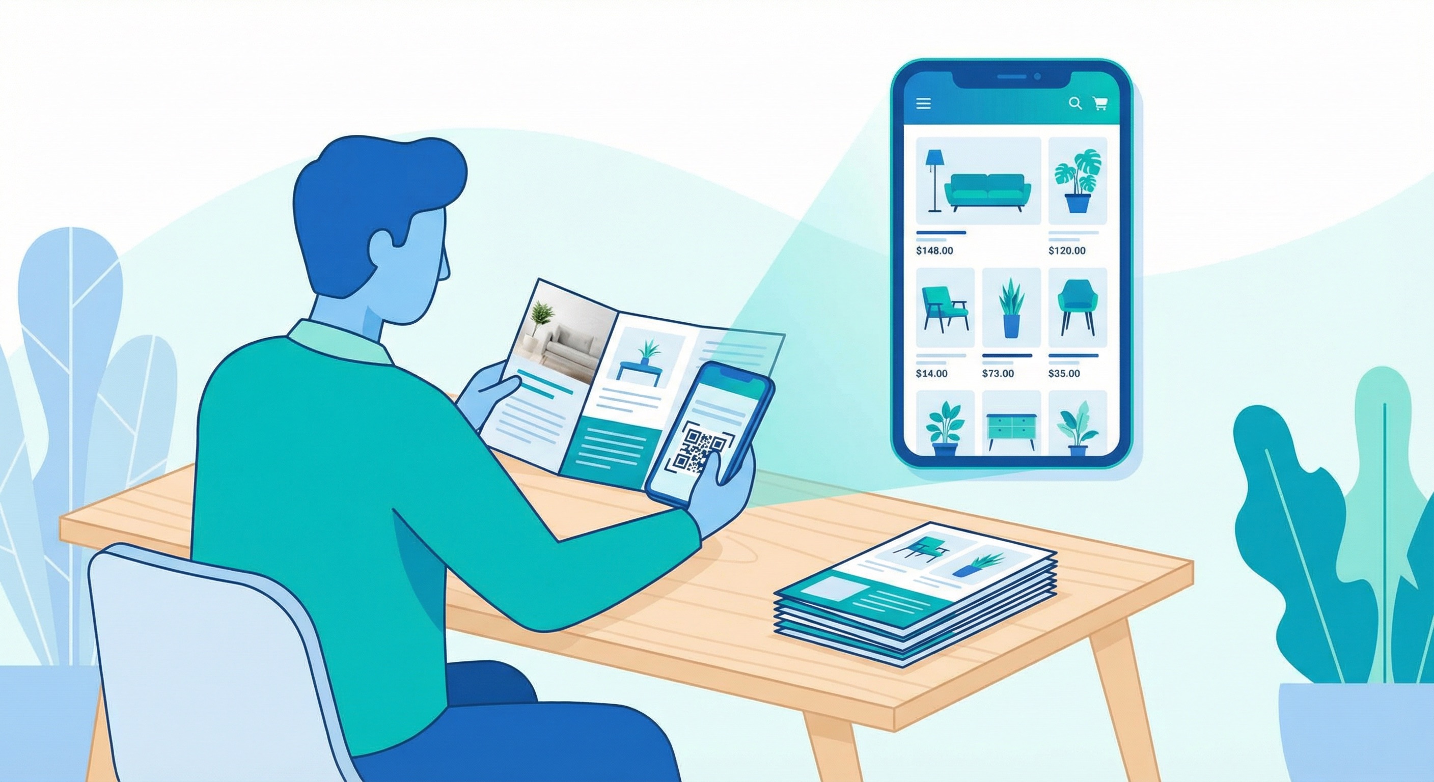 Person reading a printed marketing brochure and scanning a QR code with their smartphone, which opens a digital product catalogue on the phone screen