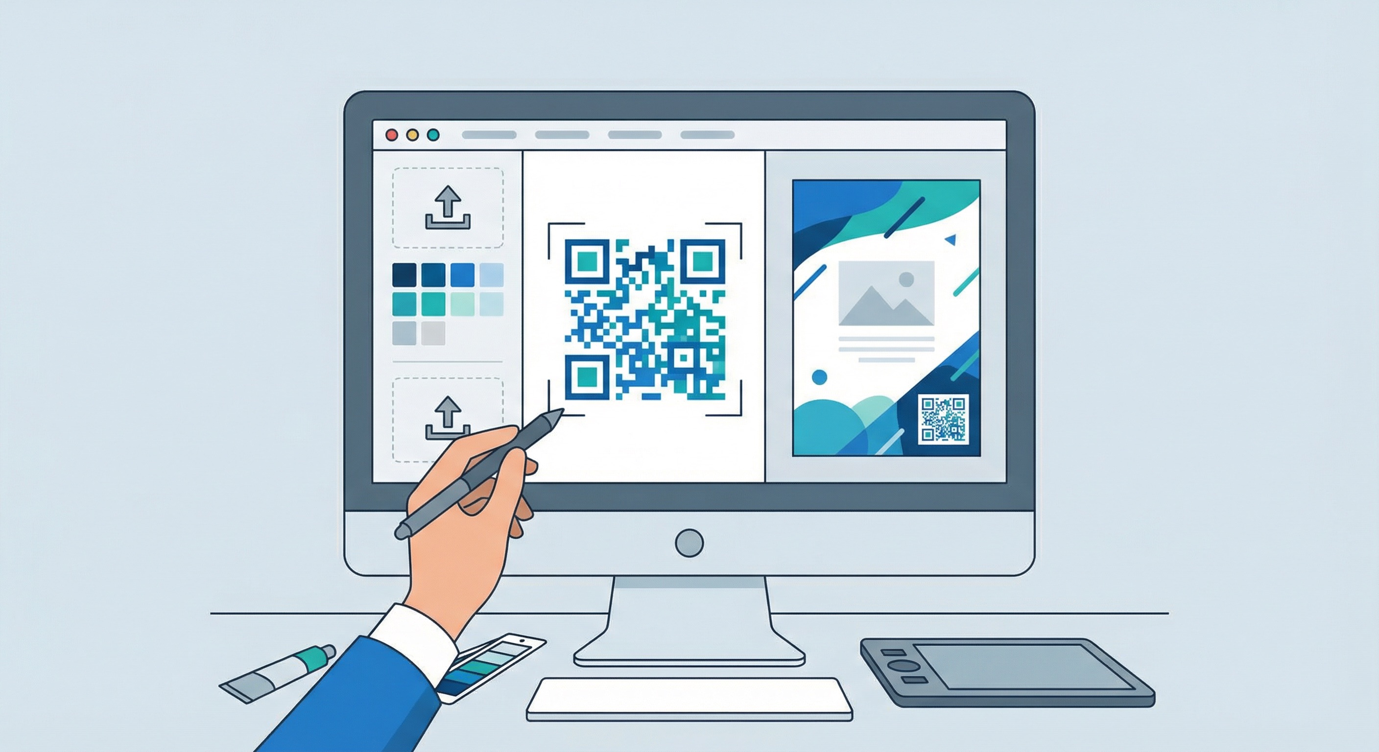 Step-by-step illustration of creating a custom-branded QR code for a marketing brochure in Supercode, showing logo upload, colour selection, and a finalised flyer design