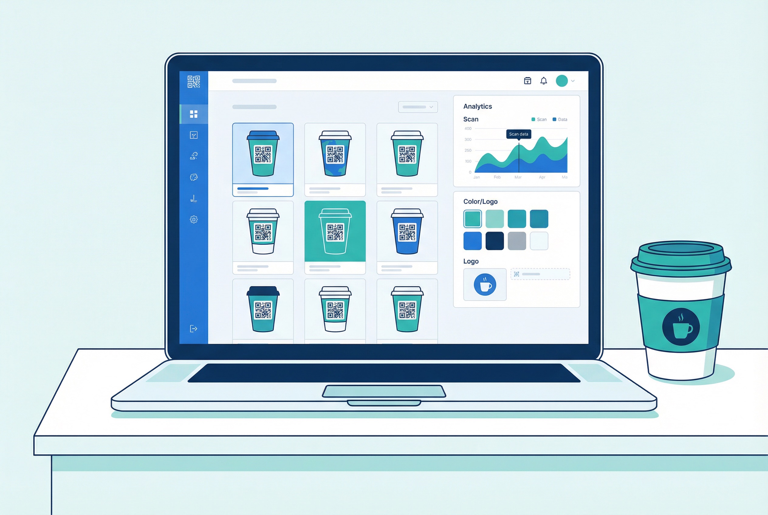 Supercode QR code management dashboard on a laptop screen showing cup QR code campaigns, analytics scan data, and design customization tools alongside a branded coffee cup