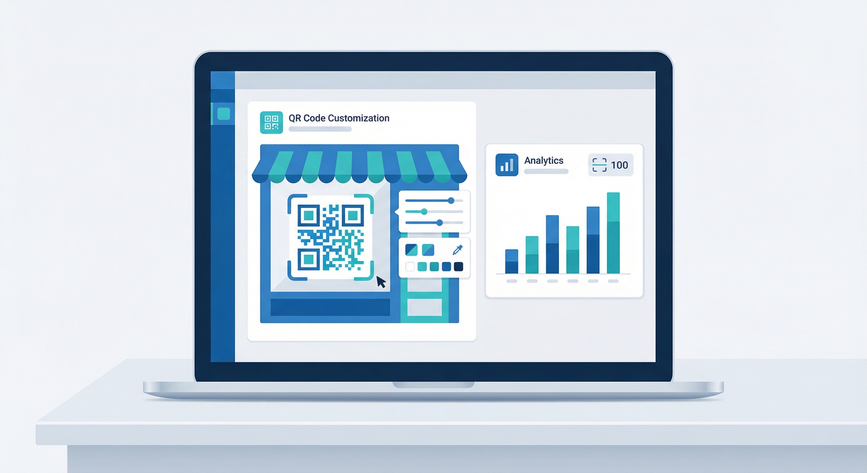 Supercode QR code generator dashboard on a laptop showing a shop window QR code being created with analytics panel displaying scan counts and performance chart