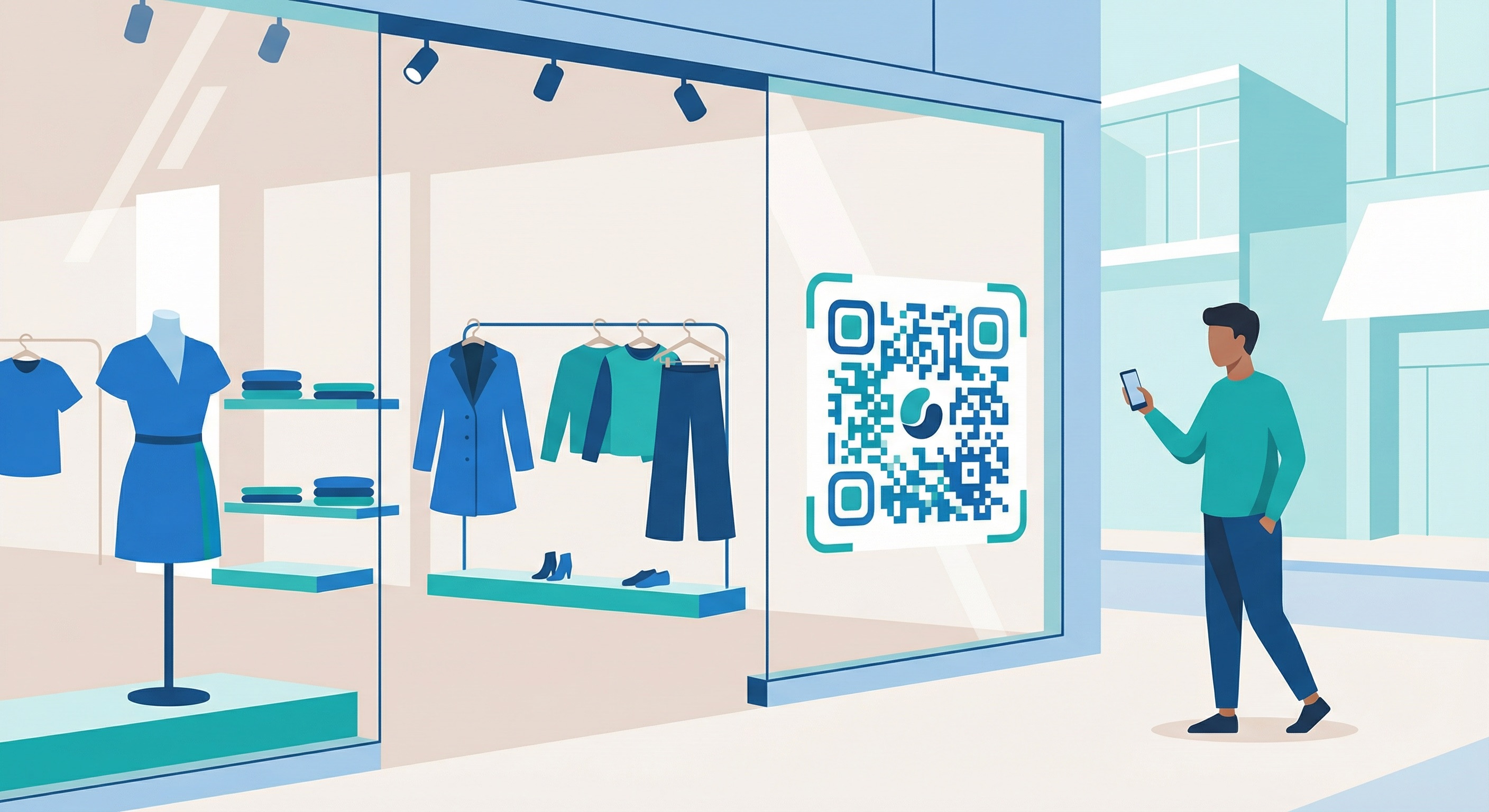 flat illustration of a fashion retail shop window with a branded QR code sticker, customer scanning with smartphone to access product information and promotions
