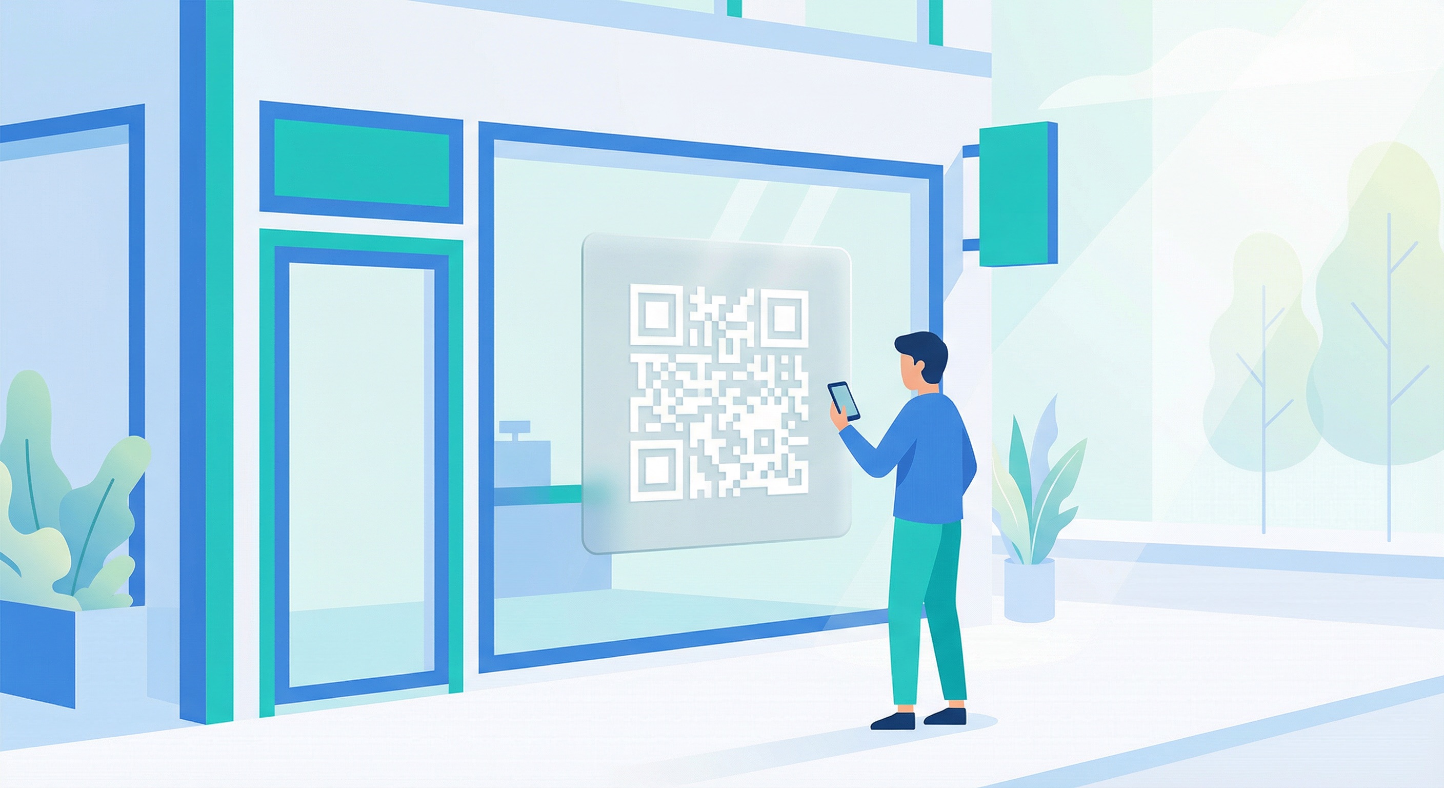 person scanning a QR code on a retail shop window to access promotions and product information