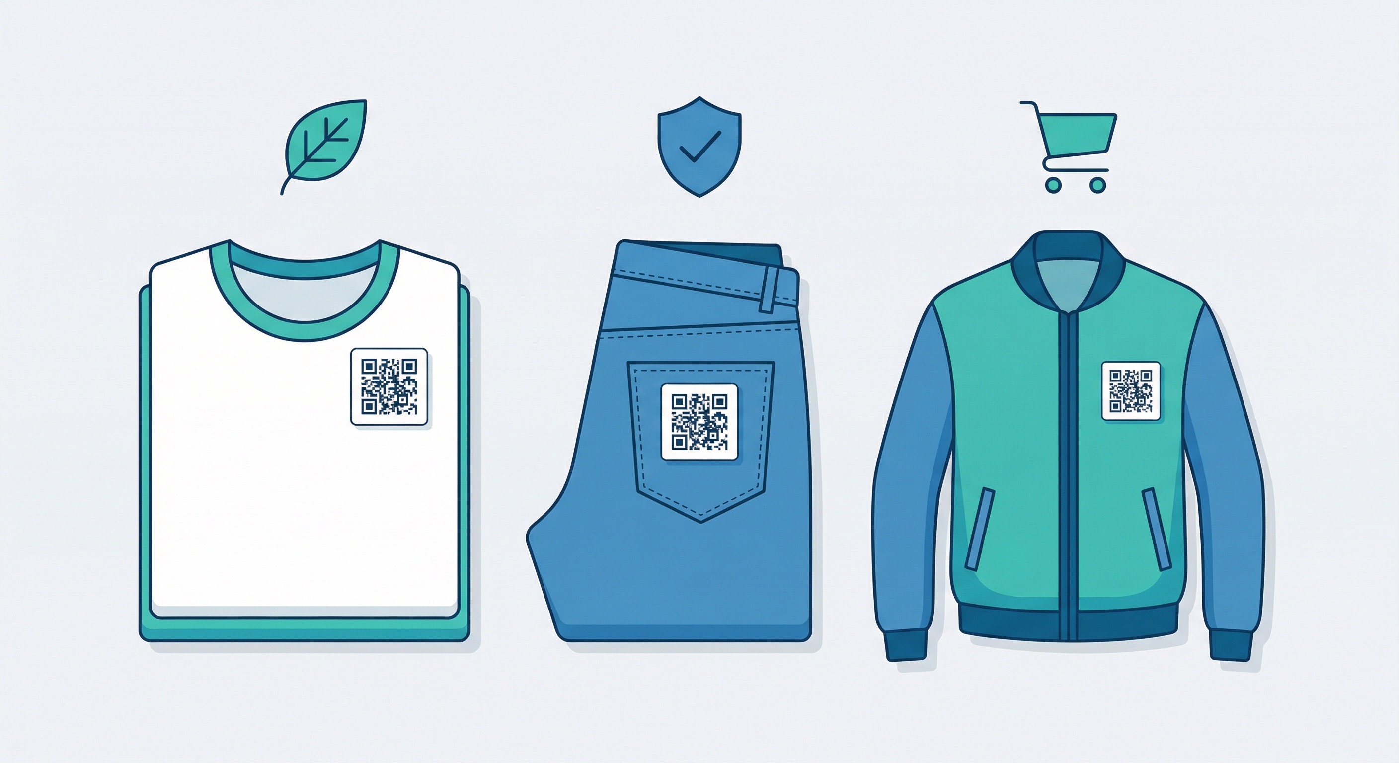 Three garments — t-shirt, jeans, and jacket — each showing a QR code label with sustainability, authentication, and e-commerce icons