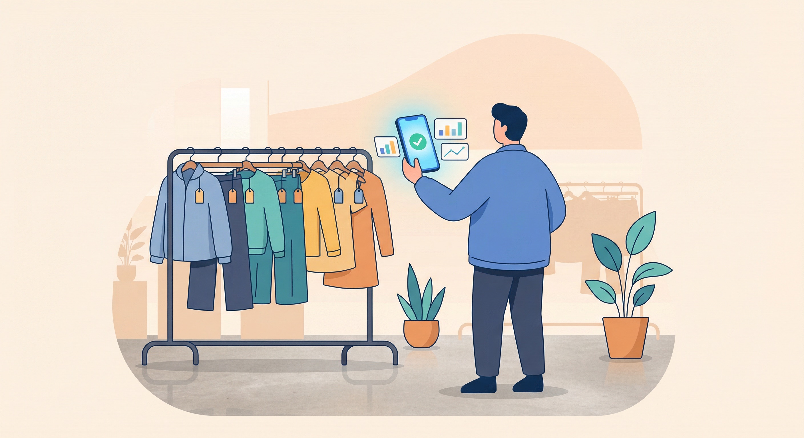 Person in a clothing boutique scanning a garment hang tag QR code with a smartphone showing scan confirmation and analytics data