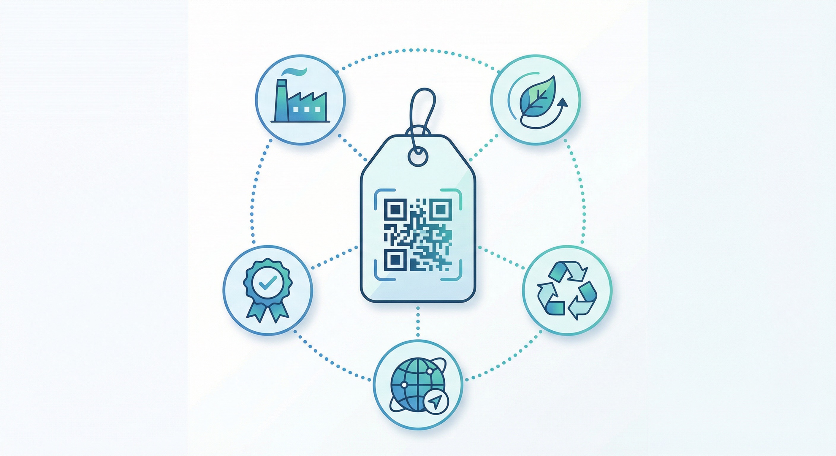 EU Digital Product Passport concept illustration showing a garment hang tag with a QR code connected to supply chain, sustainability, recycling, certifications, and global traceability icons