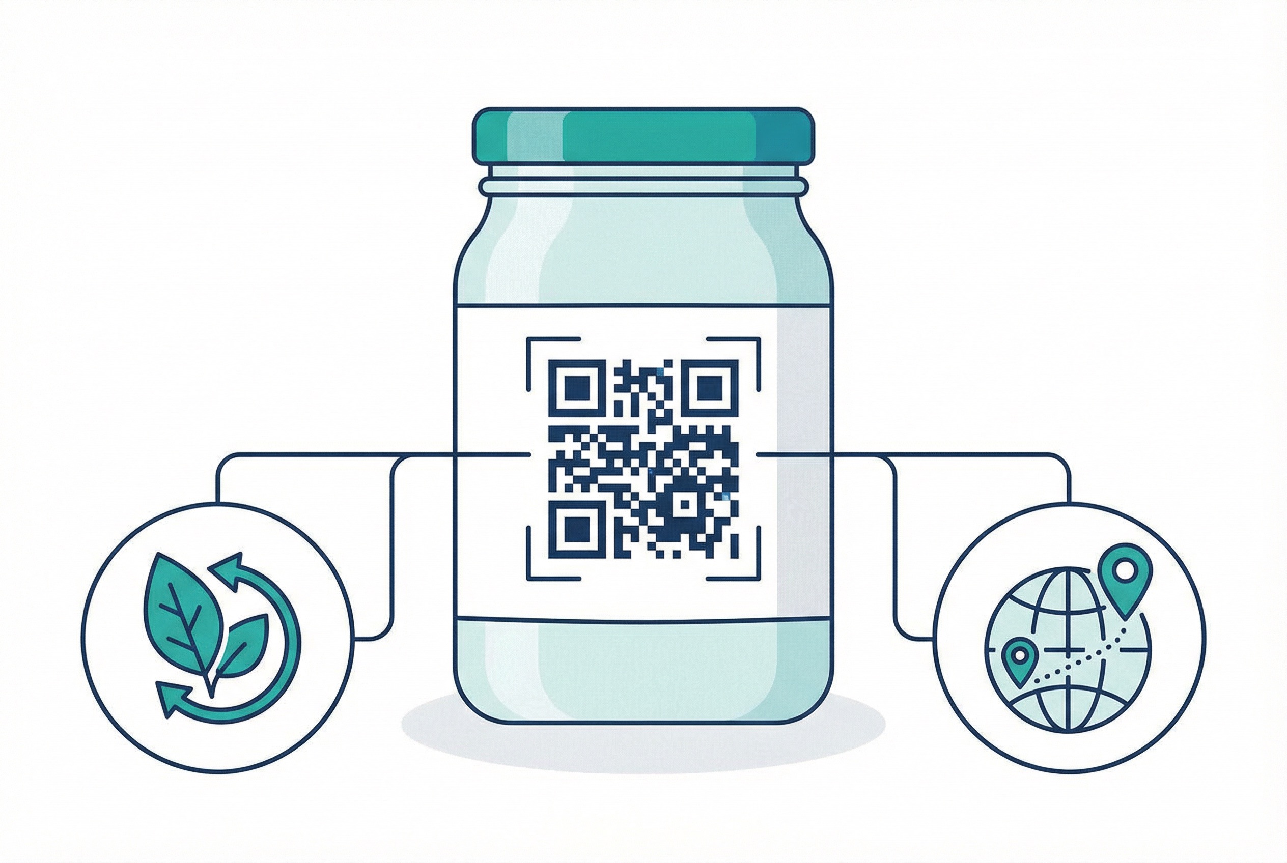 Flat illustration showing a food product label with a QR code linking to ingredient origins, allergen information, and sustainability certifications