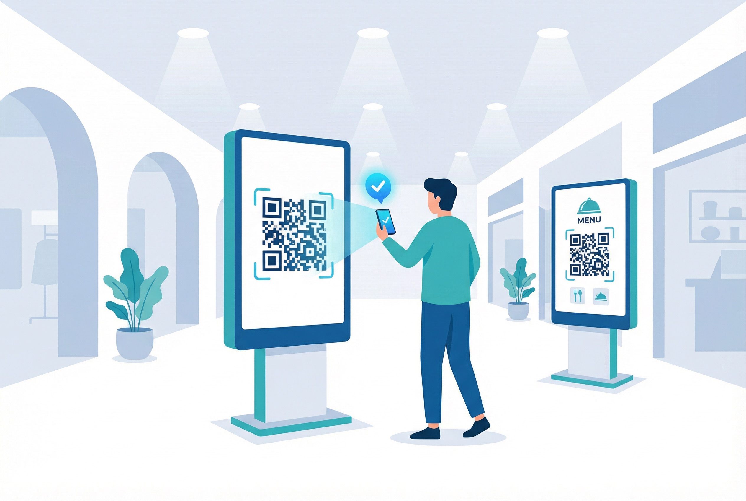 Person scanning a QR code on a freestanding display kiosk in a shopping mall, with a restaurant menu display visible in the background