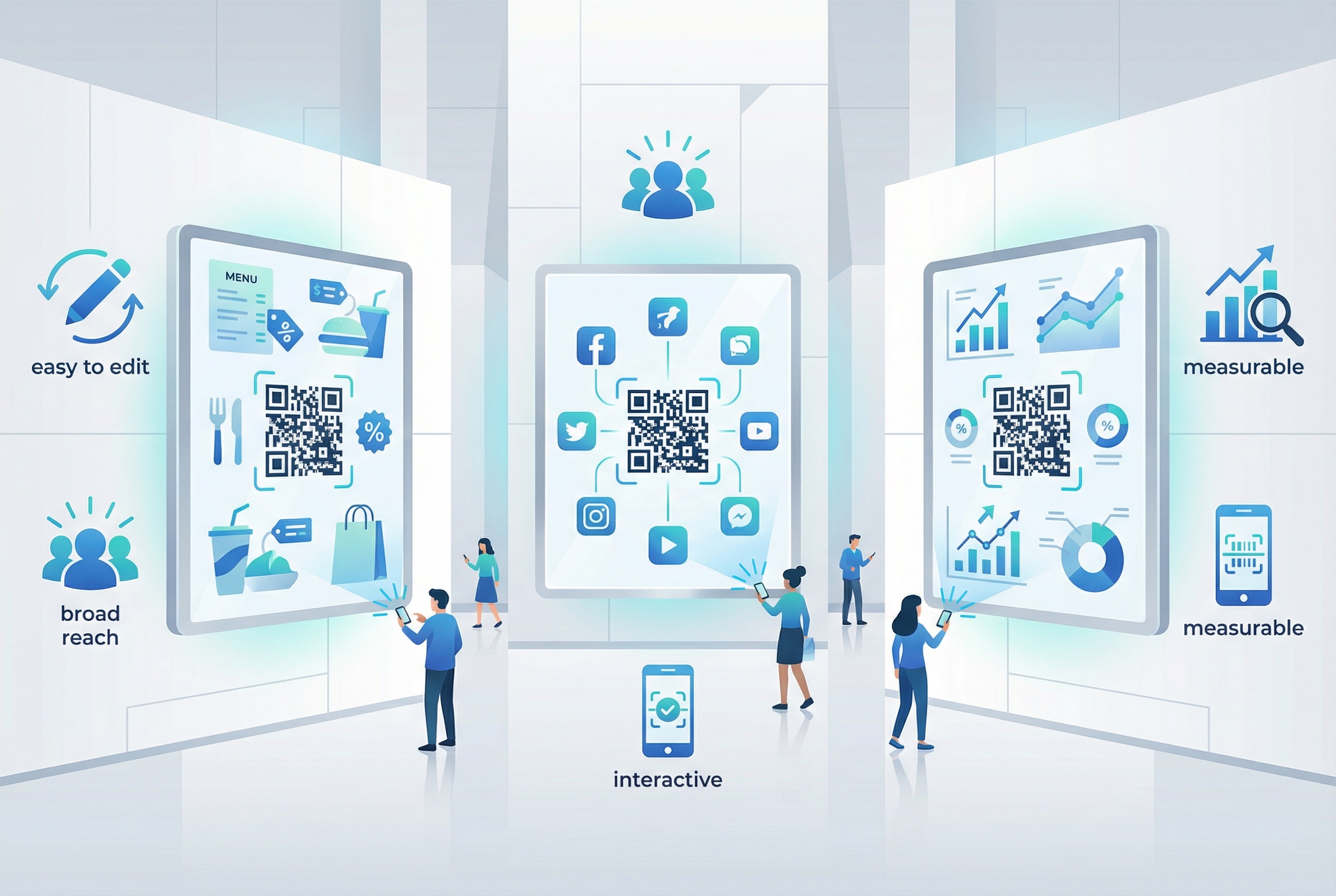 Multiple QR-enabled retail display panels showing menus, social media links, and analytics — illustrating the key benefits of QR codes on displays