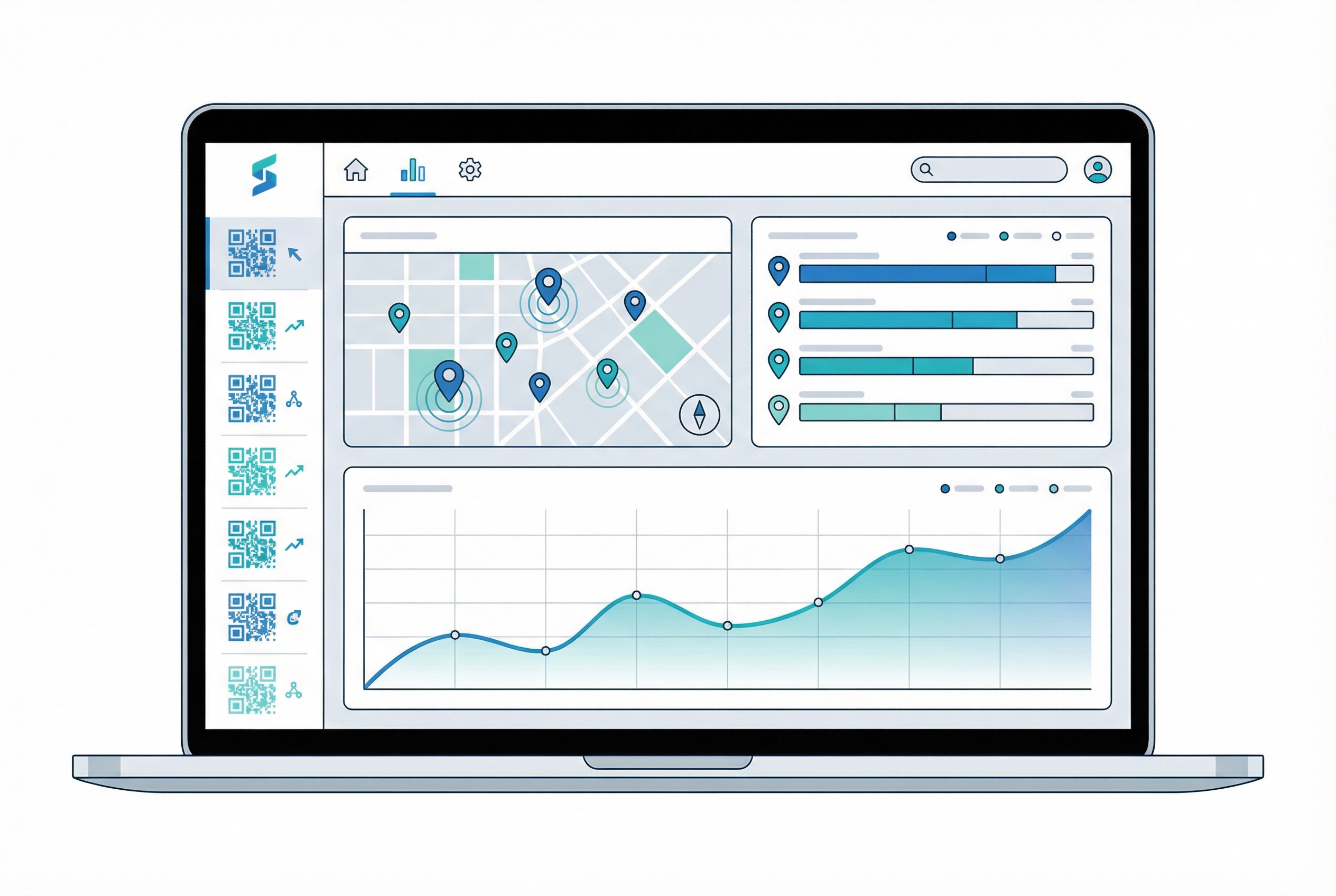 Supercode analytics dashboard showing QR code scan data with a map of scan locations, a performance line graph, and per-location bar charts for display campaigns