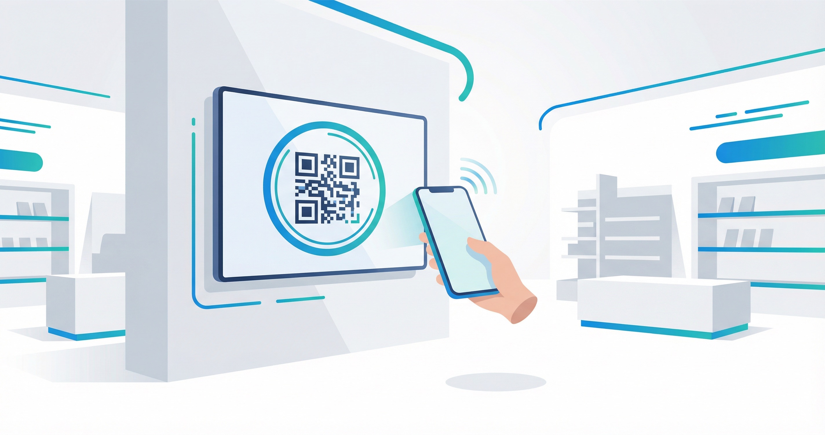 QR code displayed on a modern digital signage screen in a retail environment