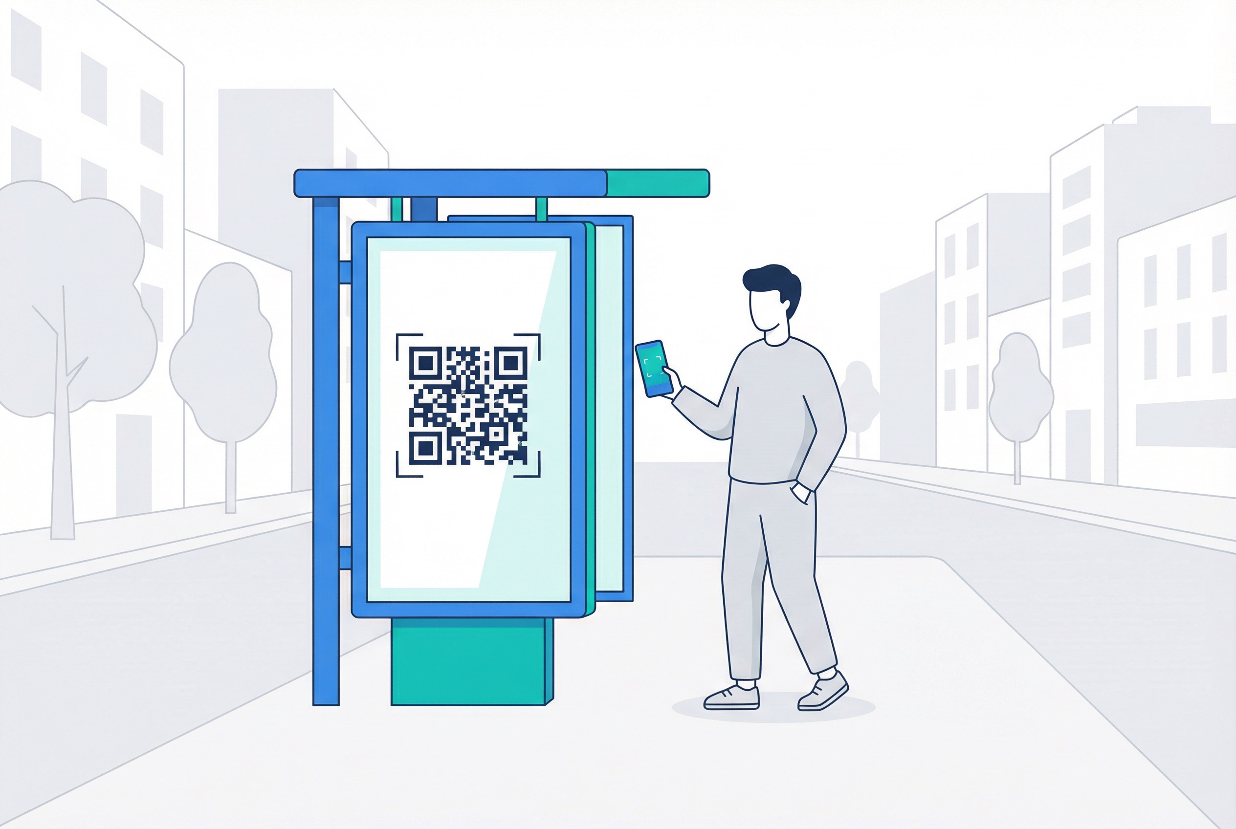 pedestrian scanning a QR code on a street advertising bus shelter in an urban environment with buildings in the background