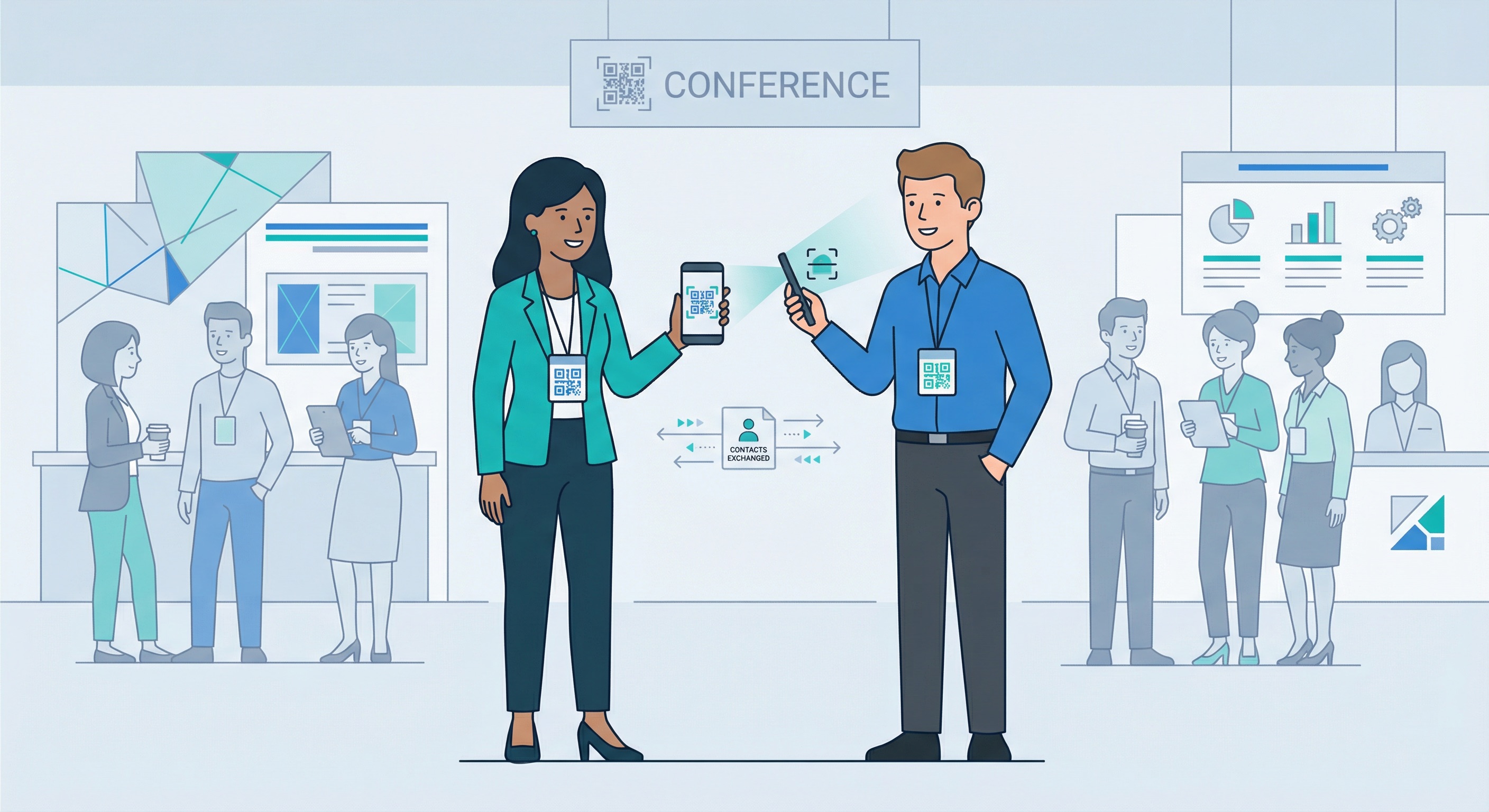 Two conference attendees scanning QR codes on their event name badges to exchange digital contact information and connect at a business networking event