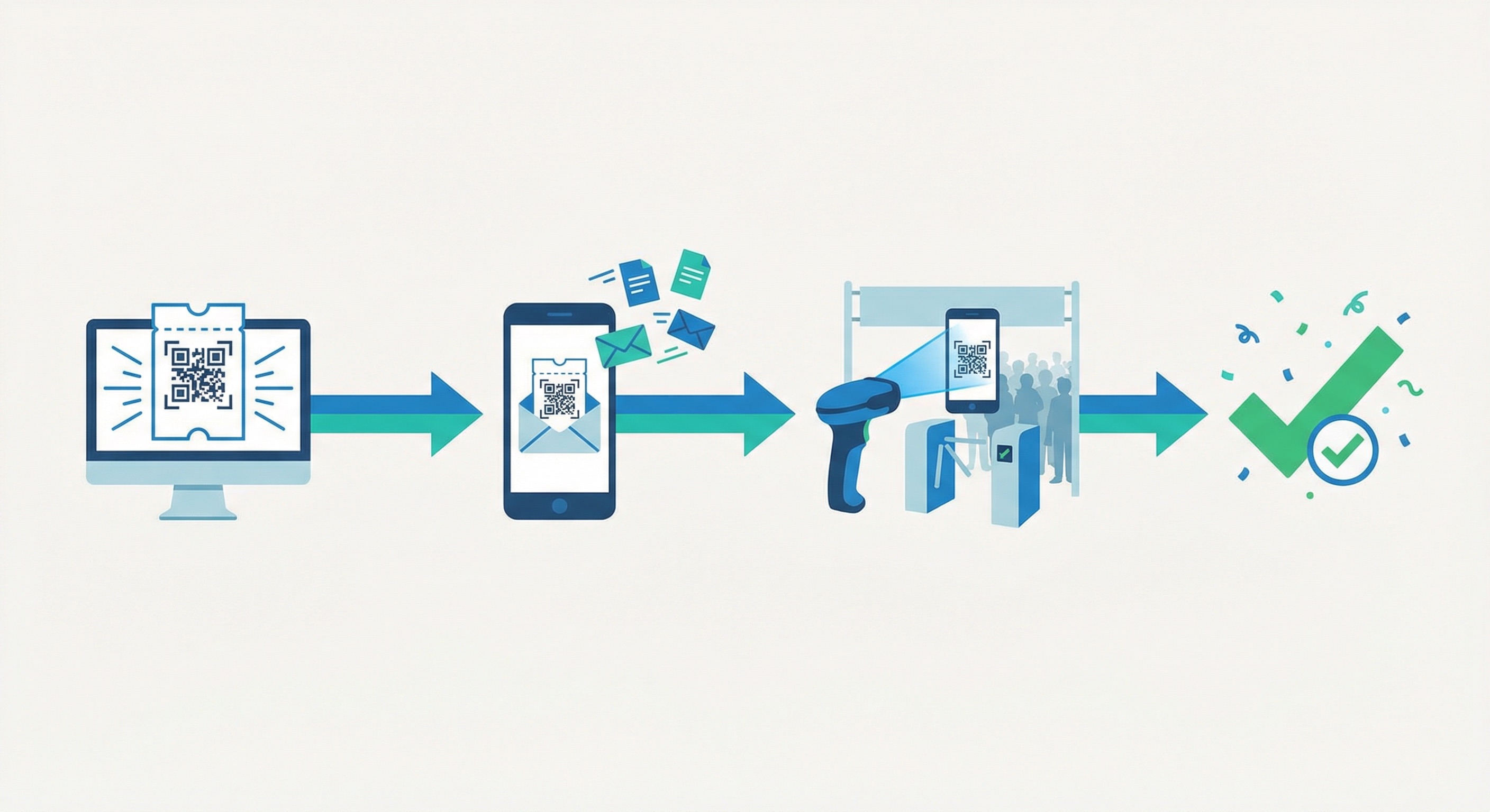 Four-step QR code event ticketing lifecycle from generating a ticket with QR code on a computer to on-site scanning and validated entry