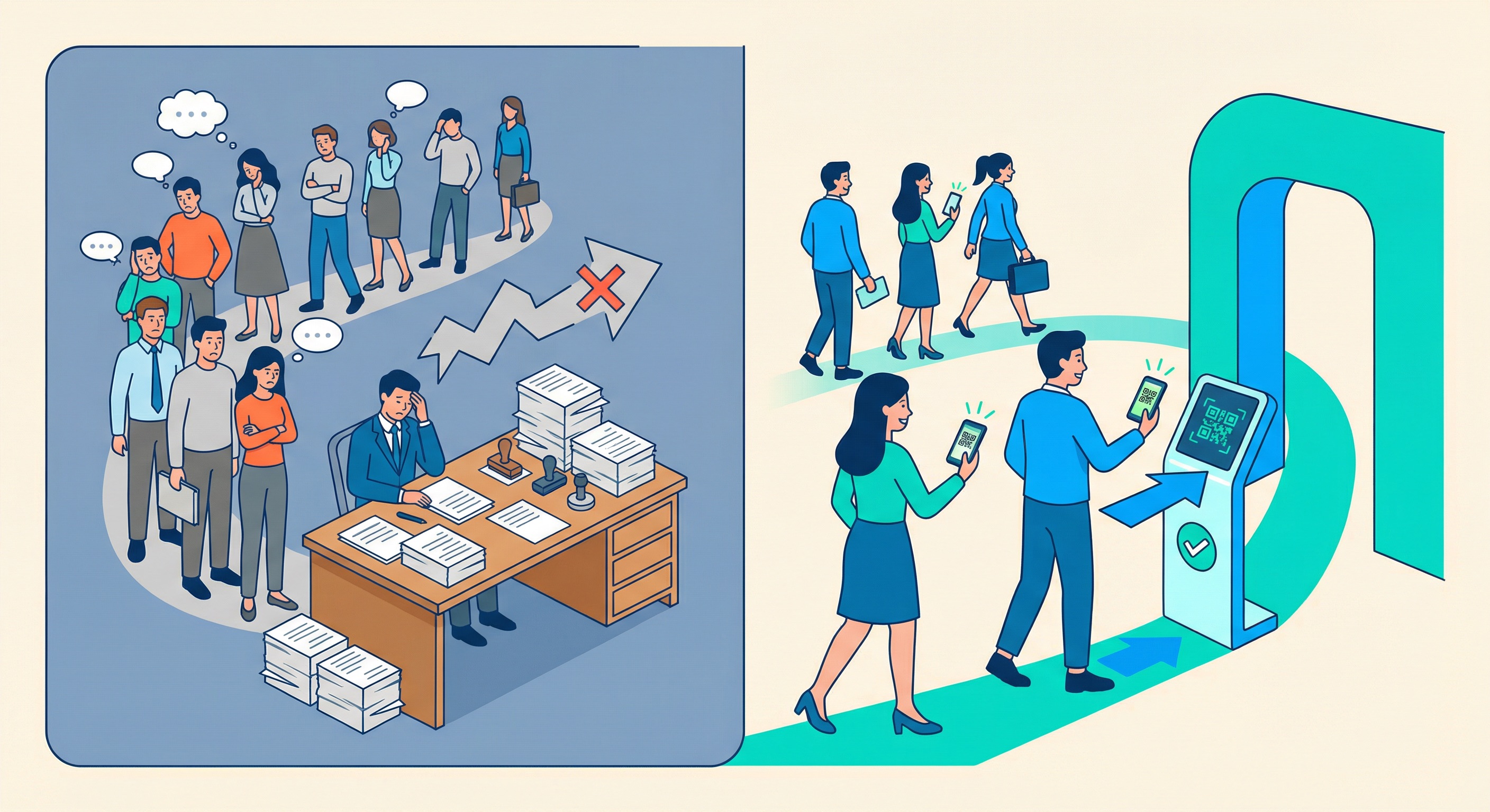 Side-by-side comparison of slow paper-based event registration queue with frustrated attendees versus fast QR code check-in with smooth entry flow