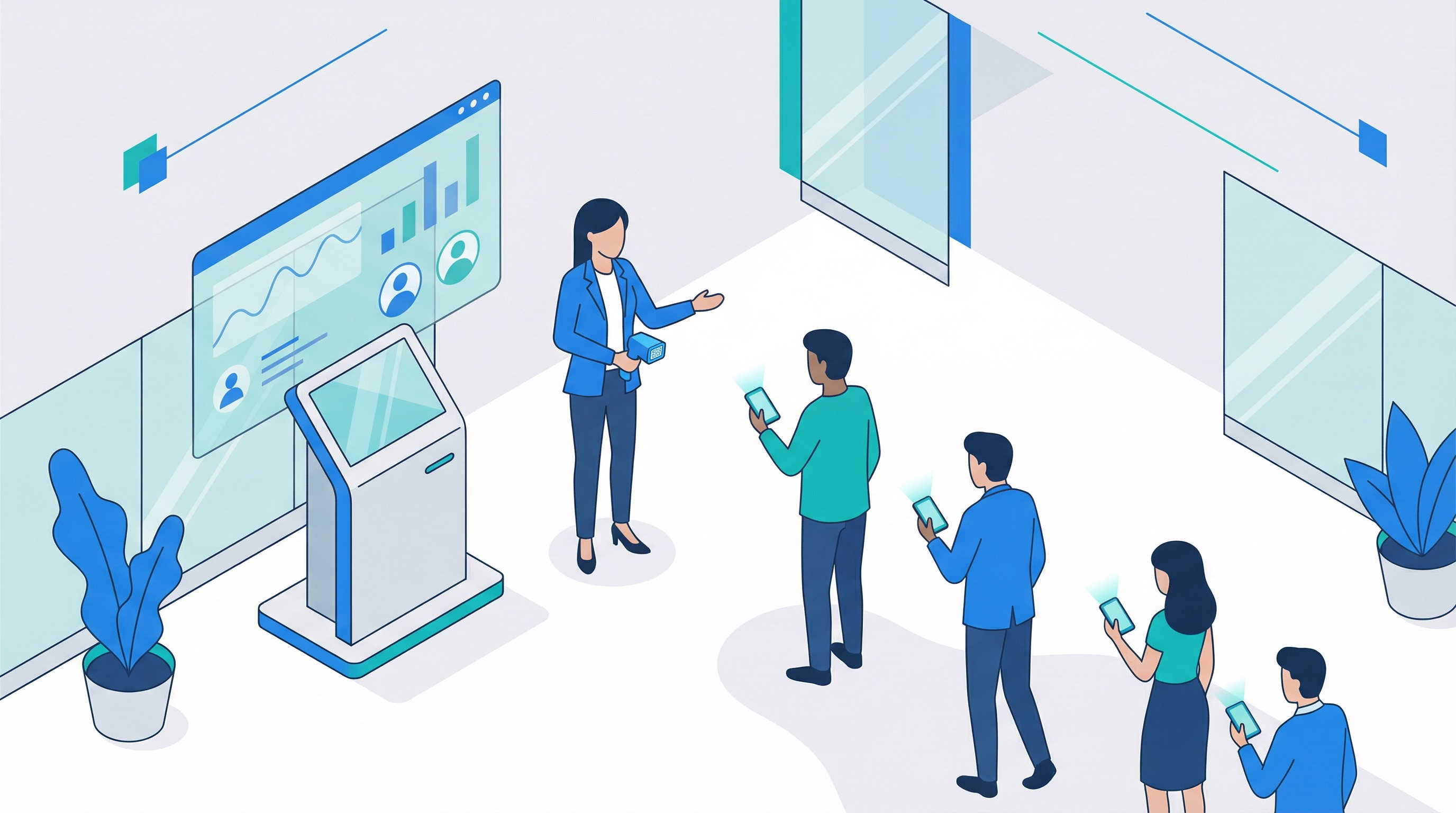 Digital event check-in station with QR code scanner, analytics dashboard, and attendees holding smartphones for contactless entry