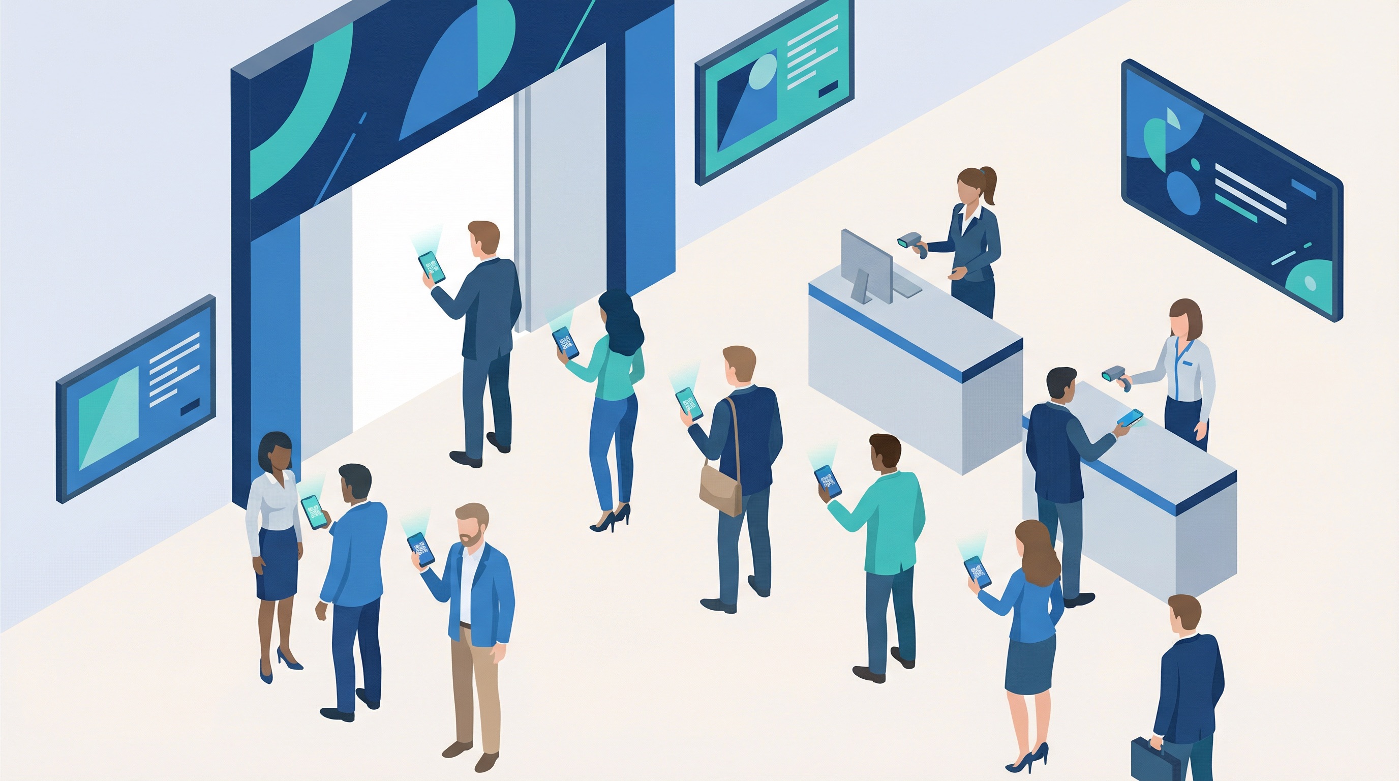 Event attendees scanning QR codes on smartphones at a modern conference check-in station for fast contactless entry in 2026