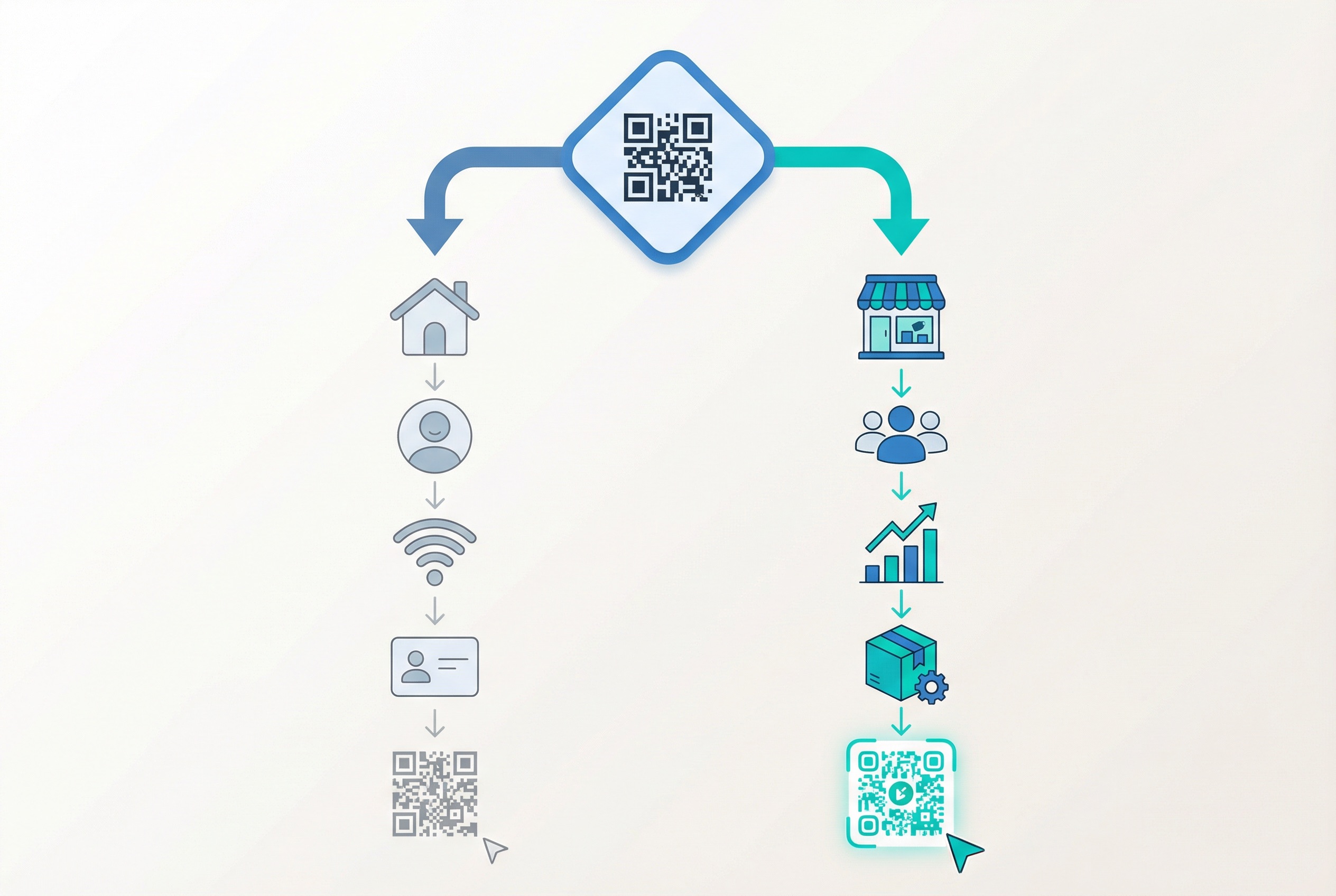 Decision flowchart with two paths from a central QR code: personal use cases on the left suited for free tools, business campaigns on the right requiring paid dynamic codes