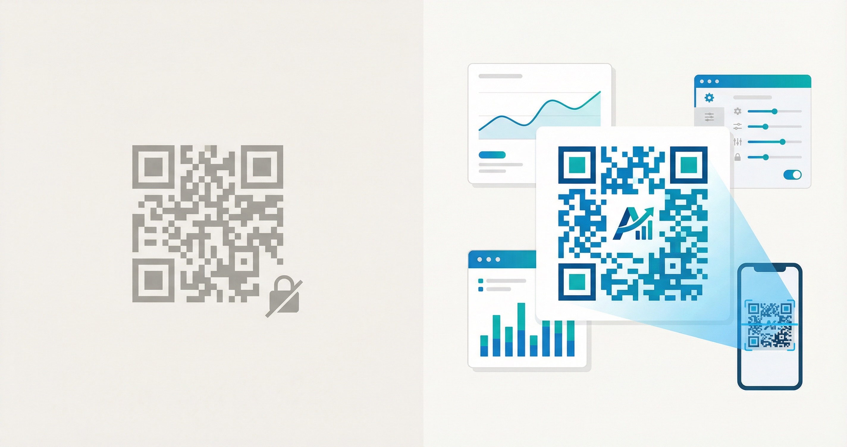Free vs paid QR code generator comparison showing a basic static code on the left and a feature-rich branded dynamic QR code with analytics on the right
