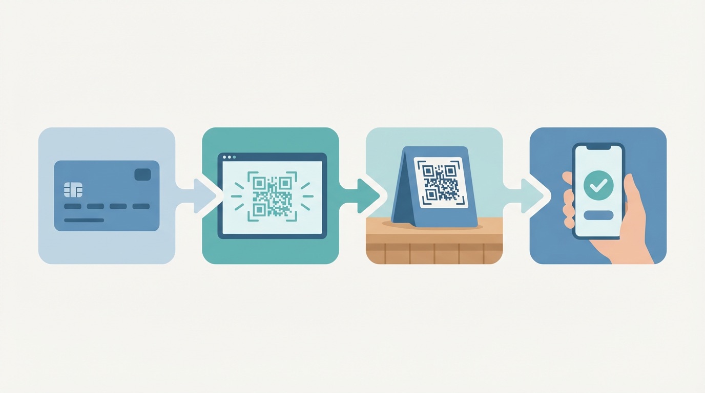 Four-step process flow diagram for setting up QR code payments: choosing a provider, generating the code, displaying at point of sale, and customer completing payment