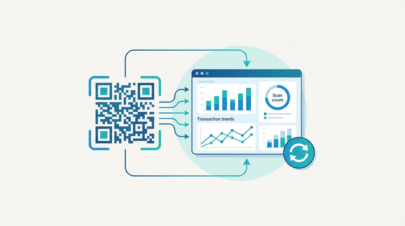 Dynamic QR code connected to a real-time analytics dashboard showing scan counts and transaction trend charts, illustrating live payment tracking capability