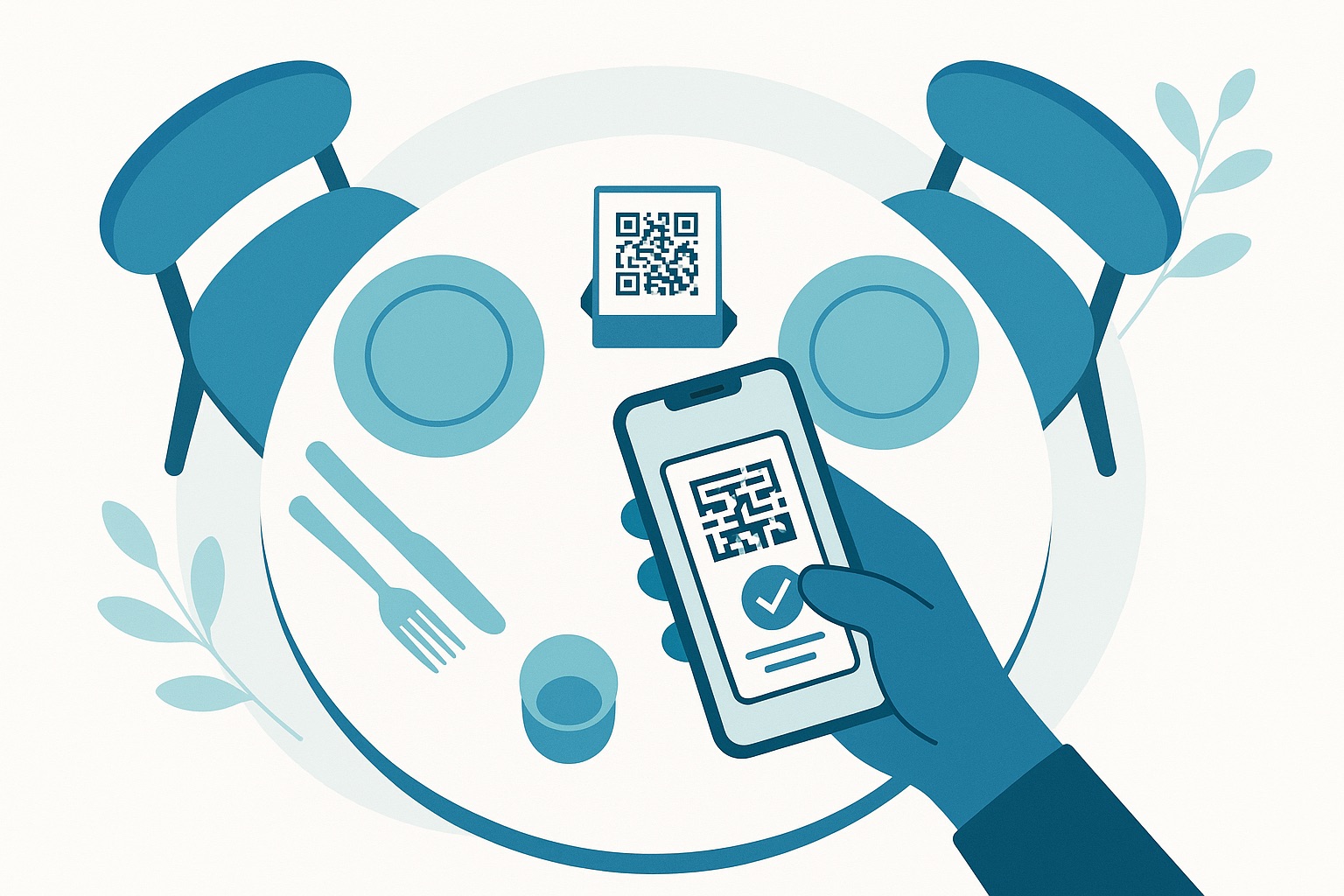Overhead illustration of a restaurant table with a QR code stand and a diner scanning the code with a smartphone to complete contactless bill payment