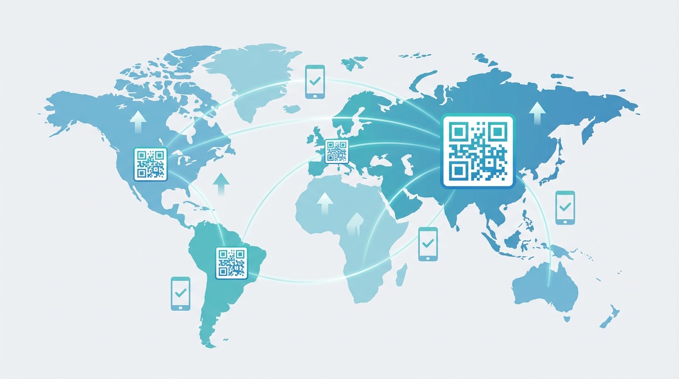 World map illustration with QR code icons and payment connection lines showing Asia-Pacific leading global scan-to-pay adoption in 2026