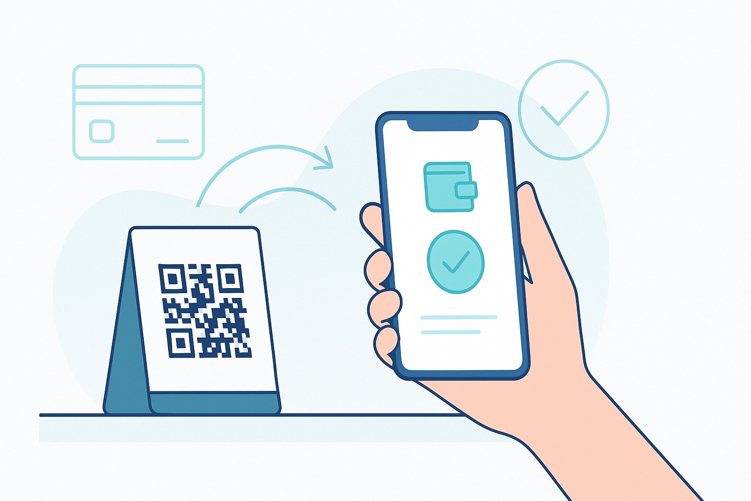 Smartphone scanning a QR code payment stand with digital payment confirmation on screen, illustrating the scan-to-pay process