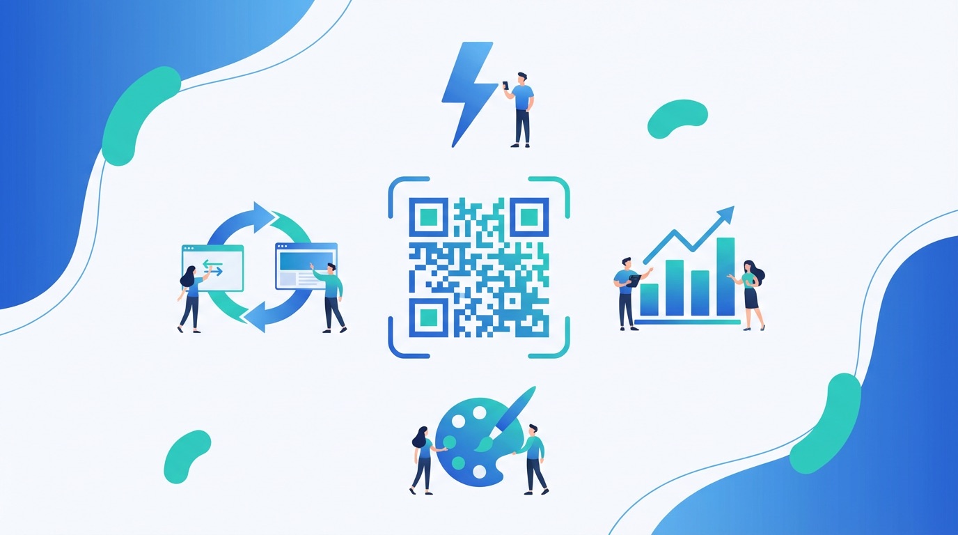 URL QR code benefits illustration showing instant access, dynamic redirects, real-time analytics, and brand customization features in a flat design with blue and teal accents